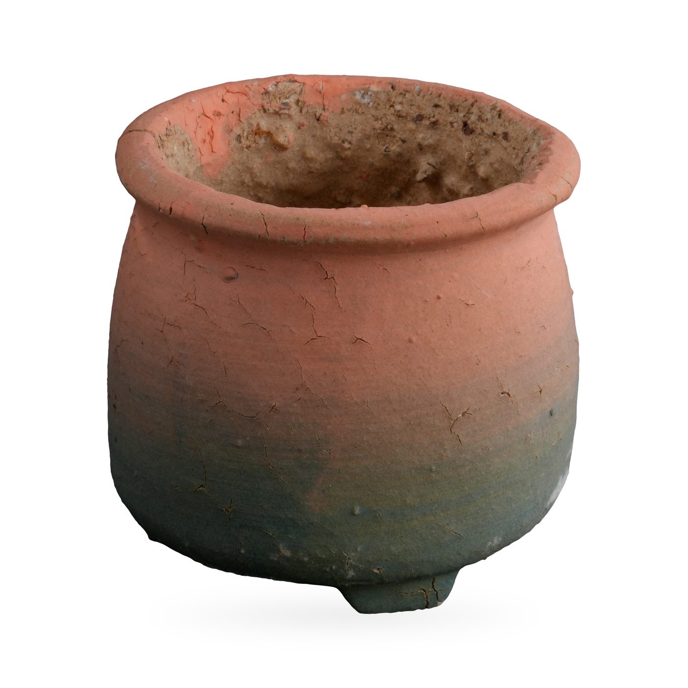 Coral pink to teal ombré footed succulent pot with a rough rolled rim and bare clay interior – view 2