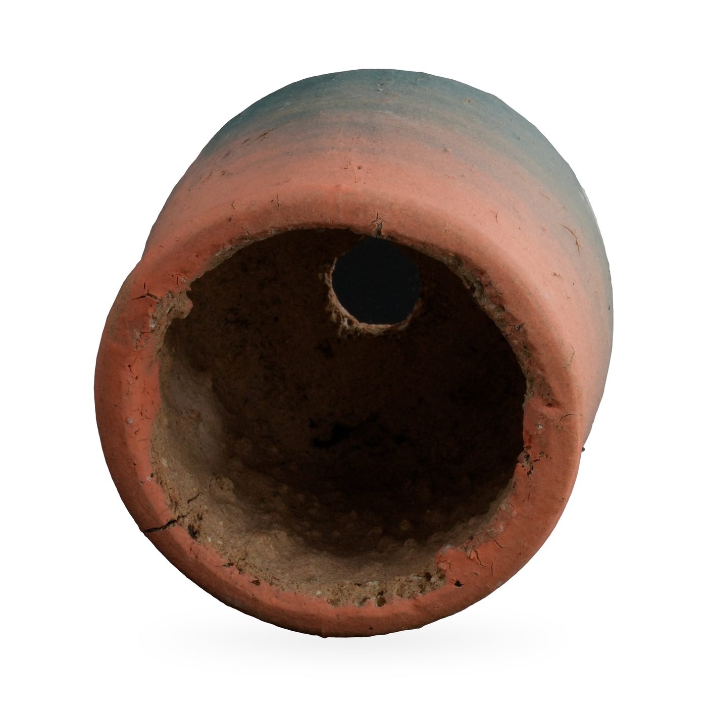 Coral pink to teal ombré footed succulent pot with a rough rolled rim and bare clay interior – view 3