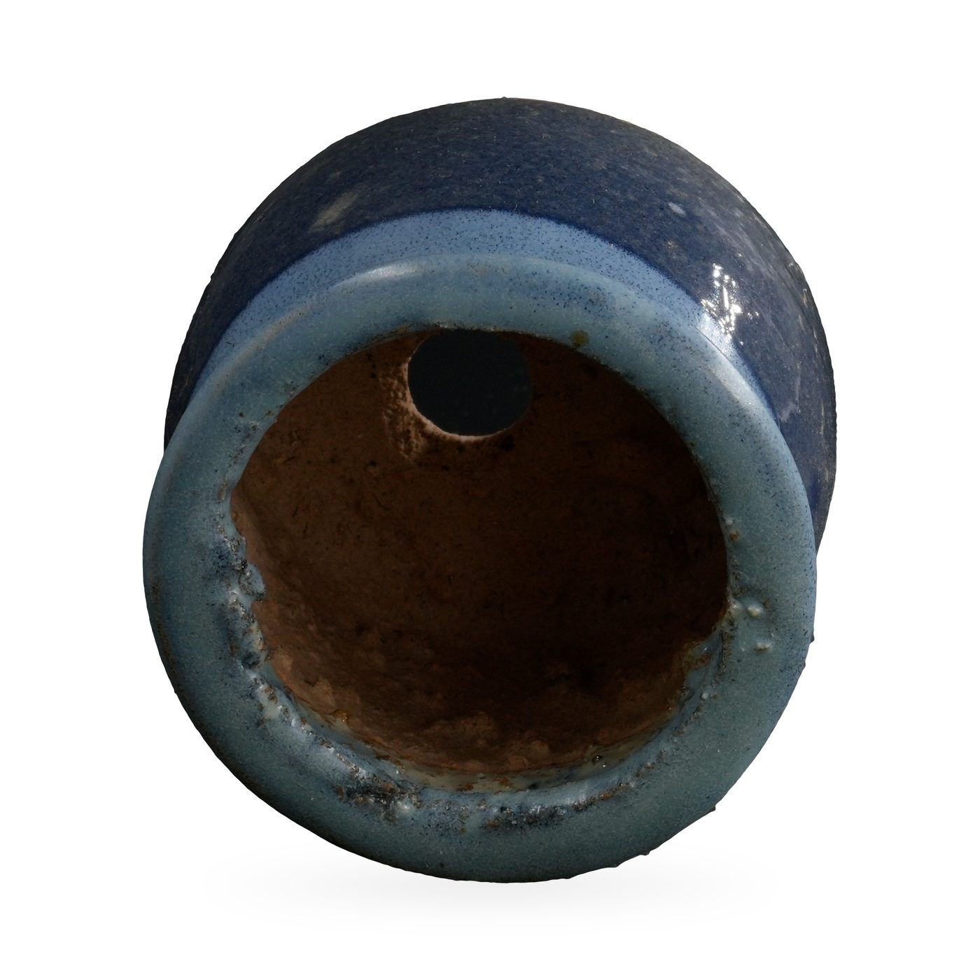 Navy blue footed succulent pot with glossy pale sky-blue glaze dripping down from the rim – view 3