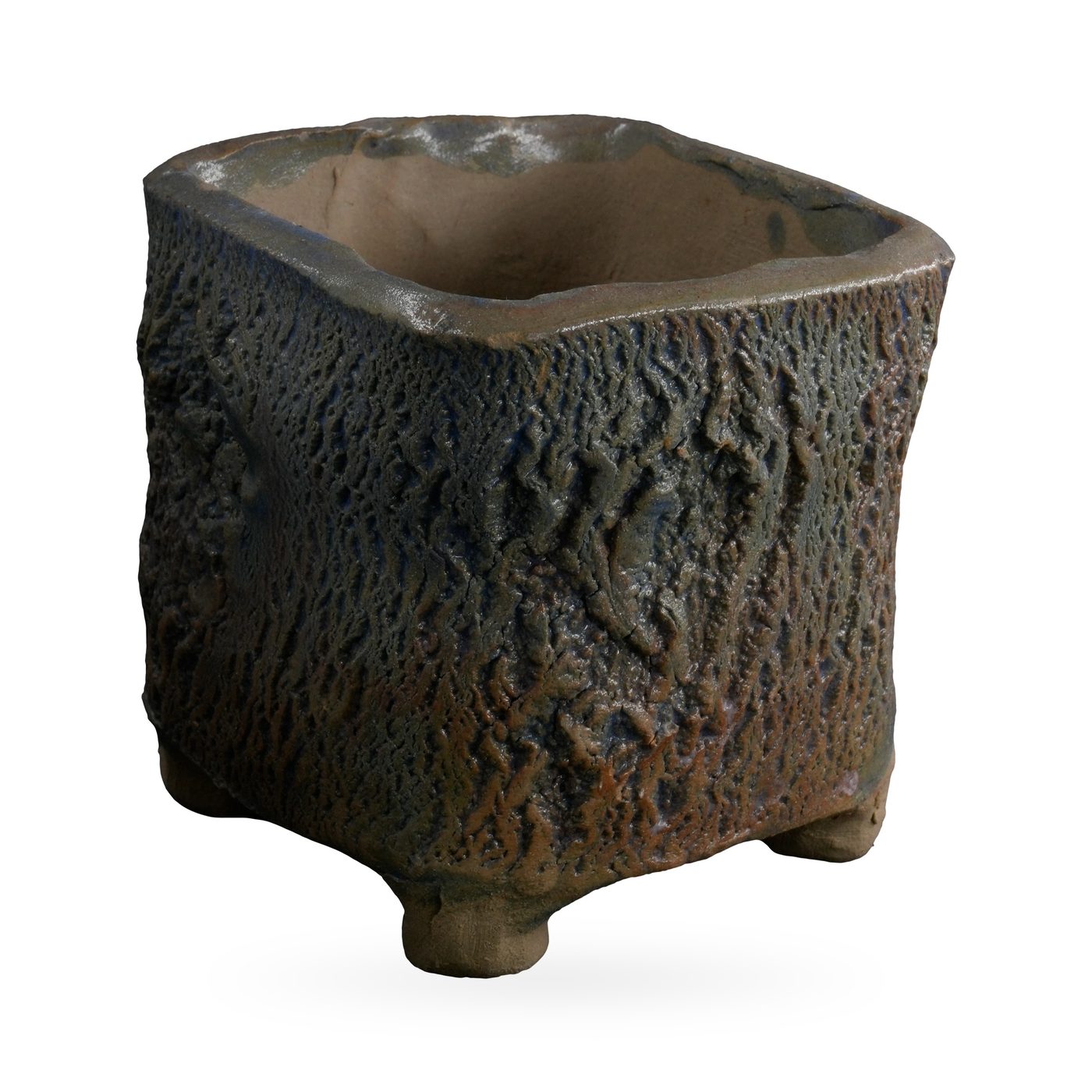 Square footed succulent pot with deep bark-like texture in mottled charcoal, rust and slate blue – view 2