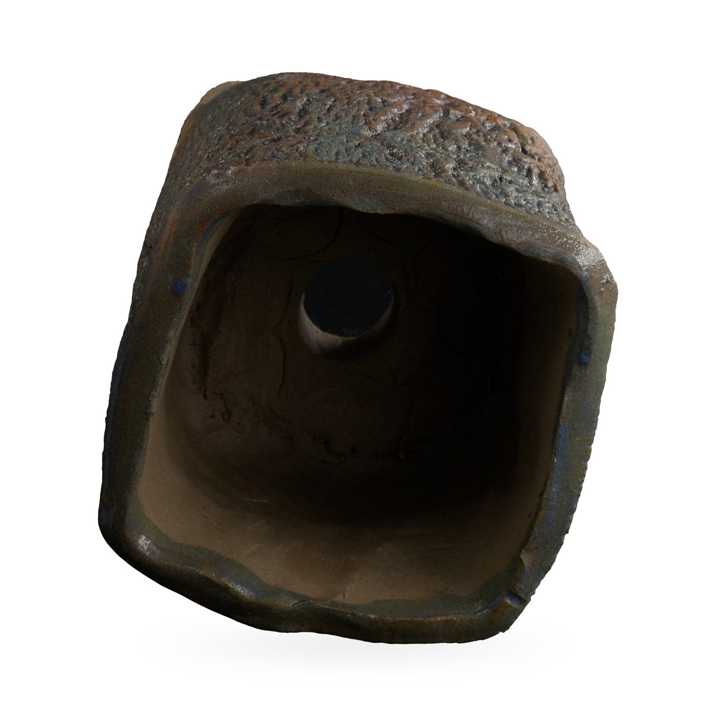 Square footed succulent pot with deep bark-like texture in mottled charcoal, rust and slate blue – view 3