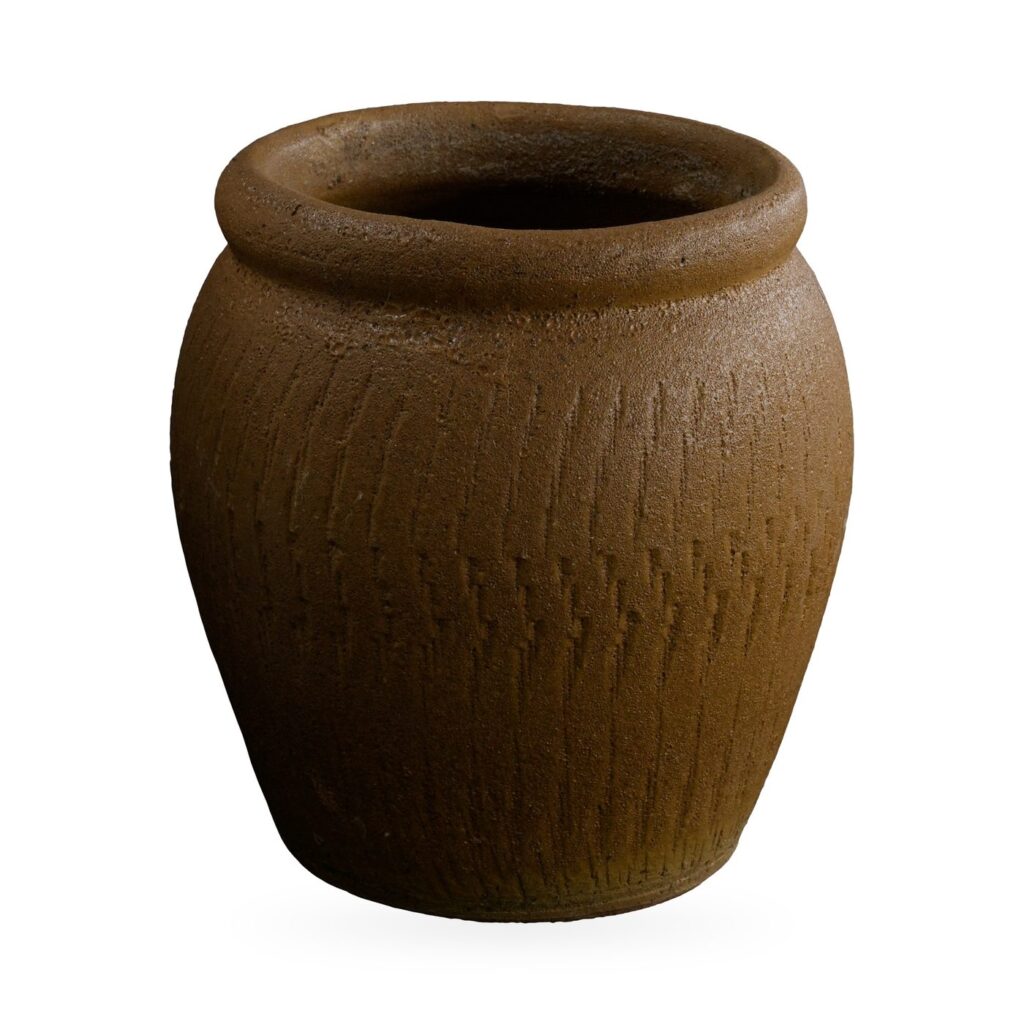 Warm brown jar-shaped succulent pot with fine scored texture and a thick rolled rim