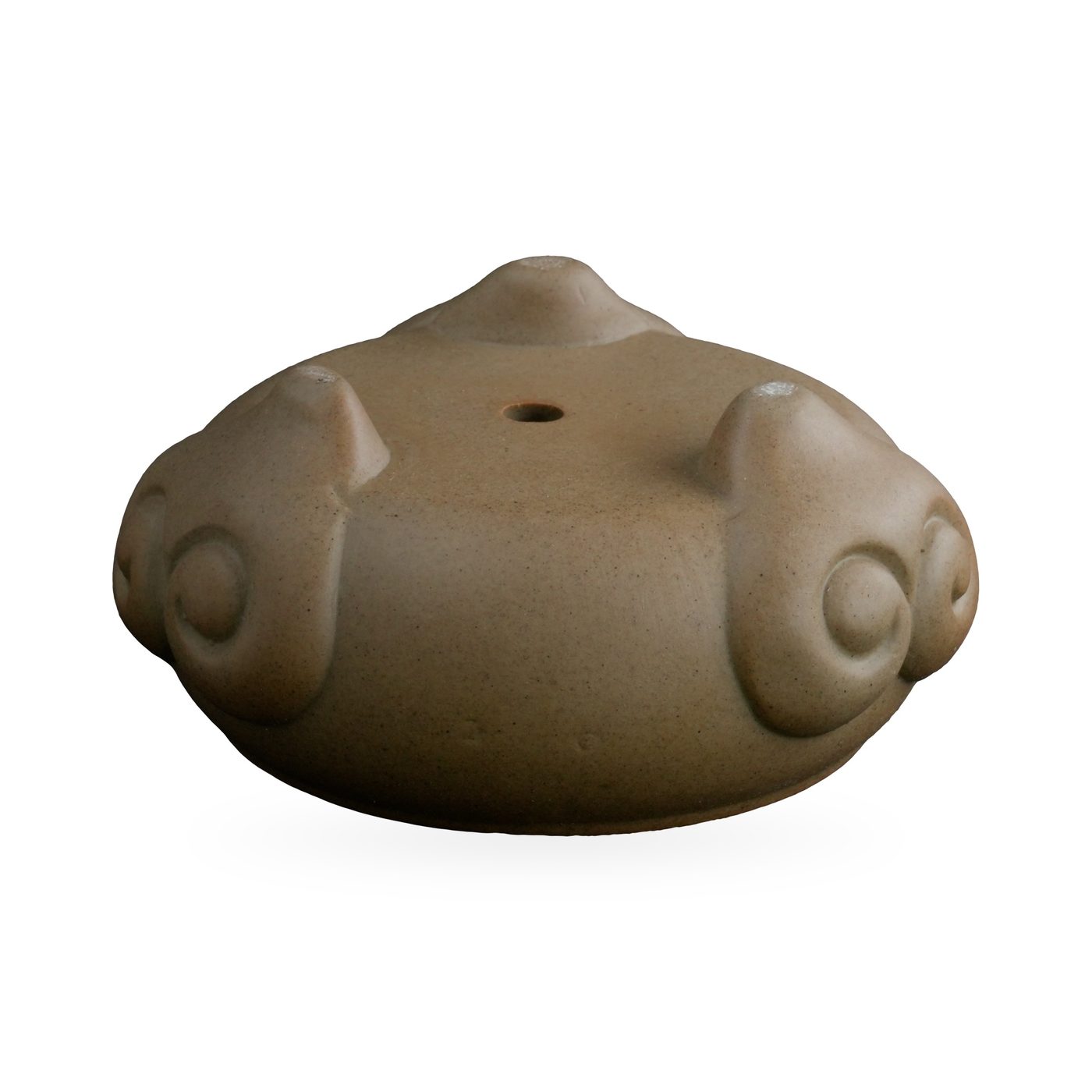 Low khaki tan succulent bowl with raised scroll-like swirl motifs that form its small feet – view 3