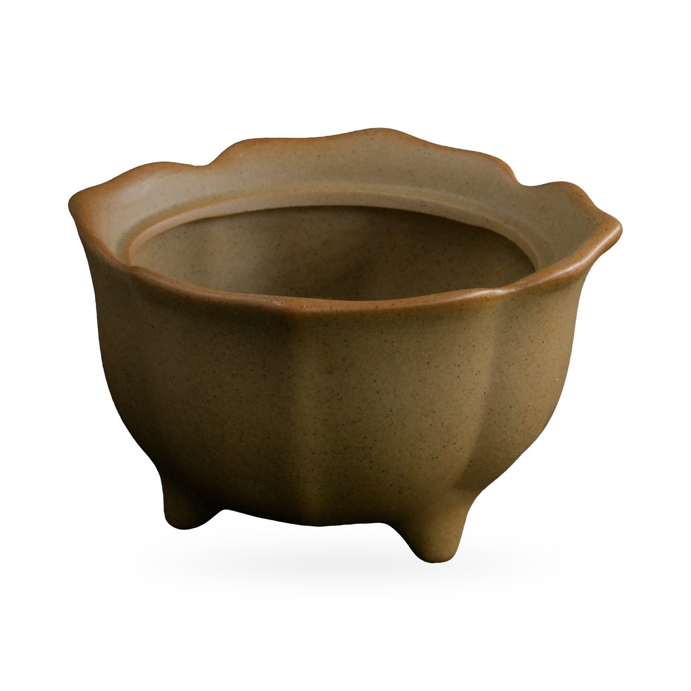 Khaki tan footed succulent pot with a scalloped petal-like rim and softly panelled sides – view 2