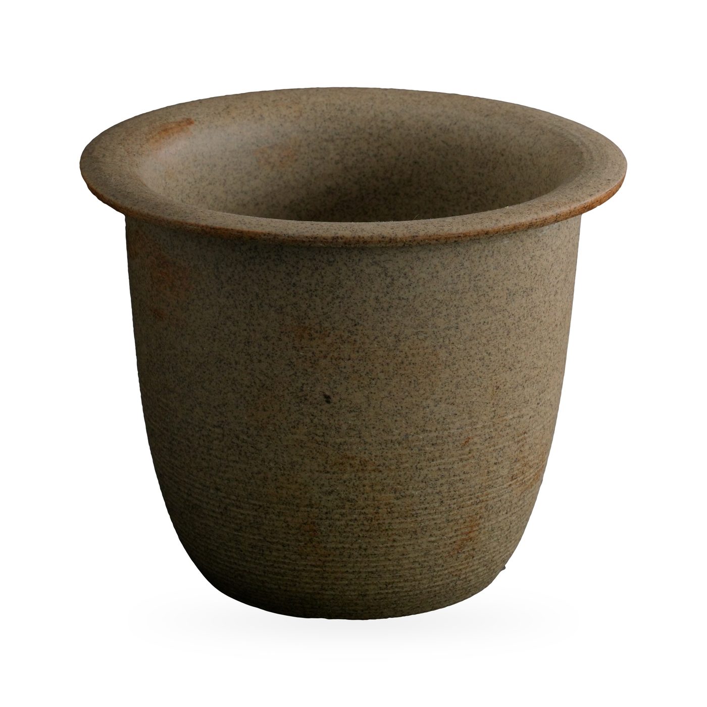 Sandy tan flared-rim clay pot with rust flecks and faint horizontal ridges