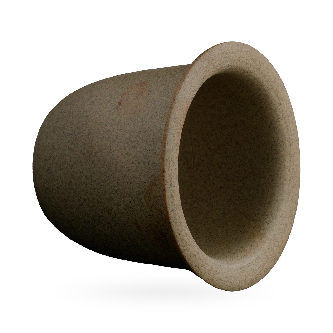 Sandy tan flared-rim clay pot with rust flecks and faint horizontal ridges – view 2
