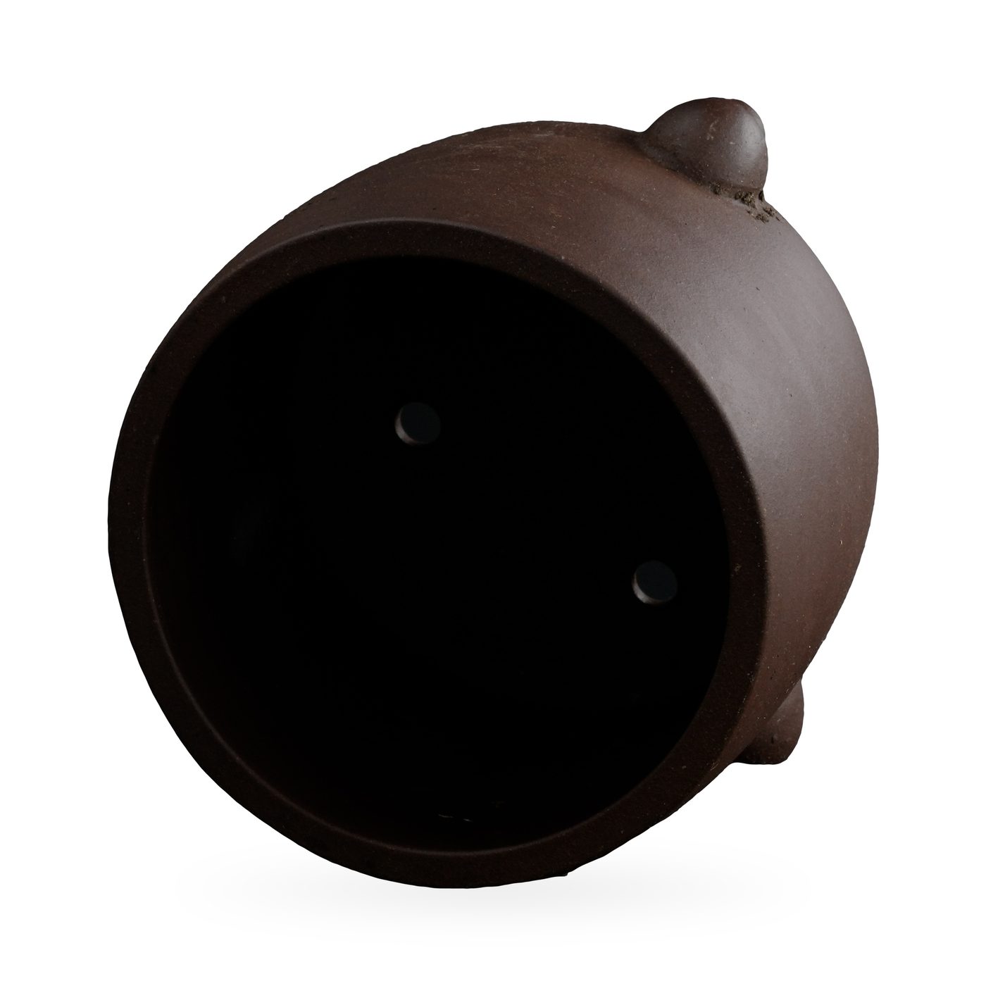 Drum-shaped matte purple-brown footed pot with a tall black calligraphy character – view 3
