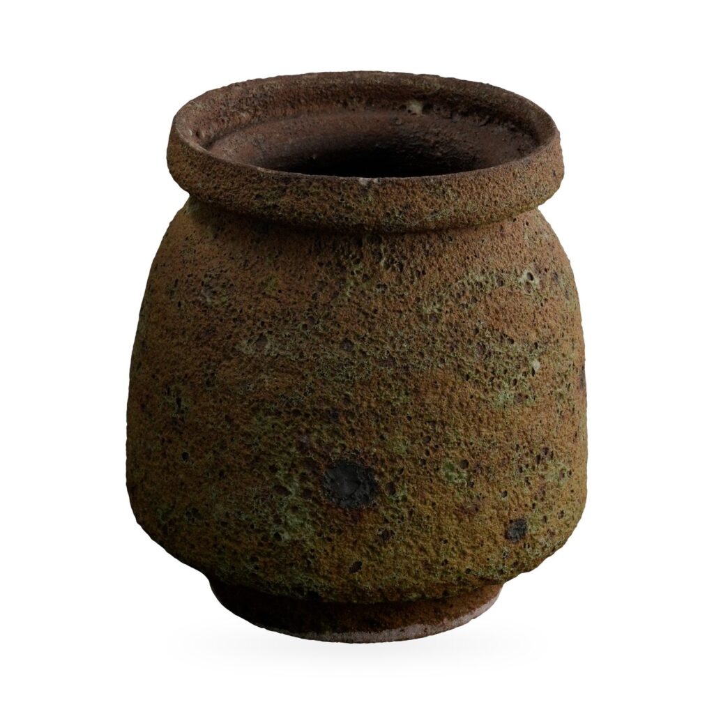 Small brown jar-shaped pot with rolled collar rim and rough moss-green flecked texture