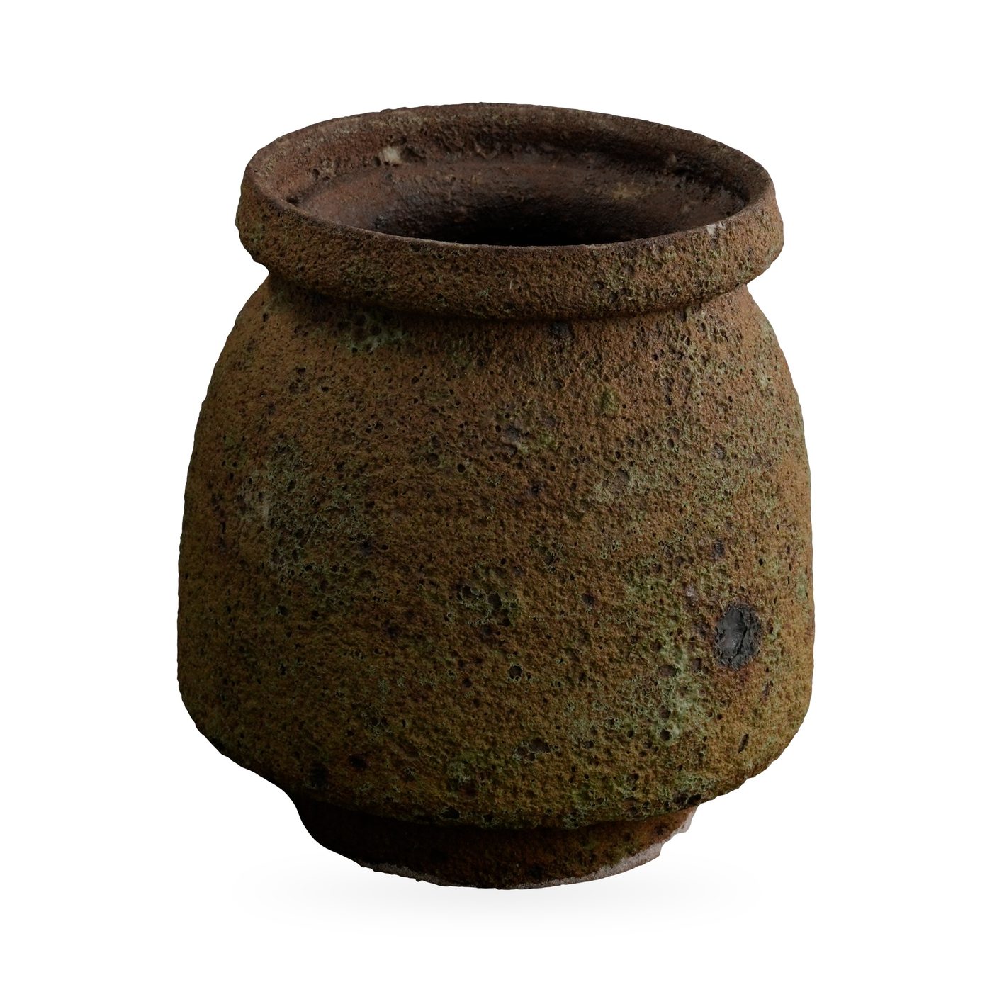 Small brown jar-shaped pot with rolled collar rim and rough moss-green flecked texture – view 2
