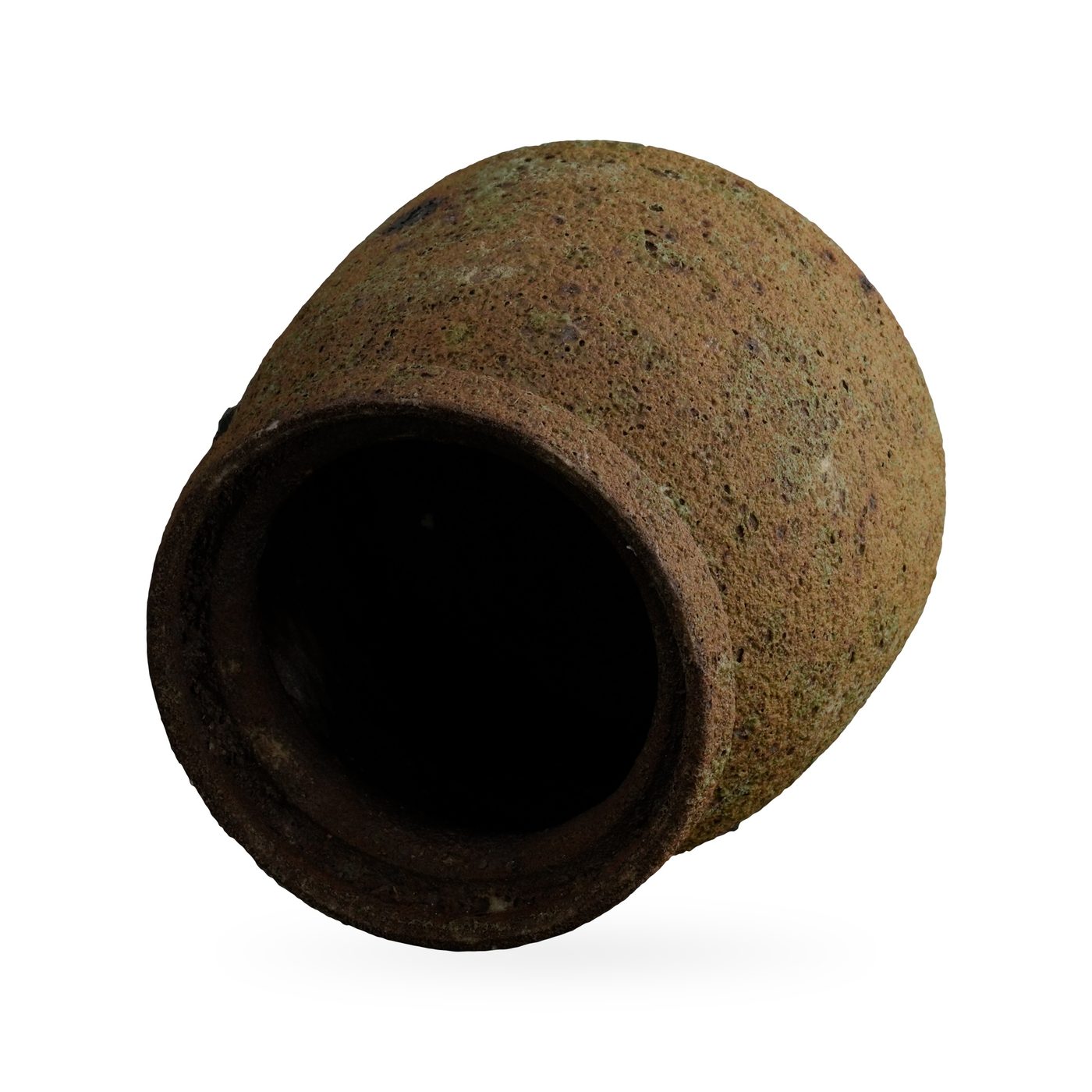 Small brown jar-shaped pot with rolled collar rim and rough moss-green flecked texture – view 3
