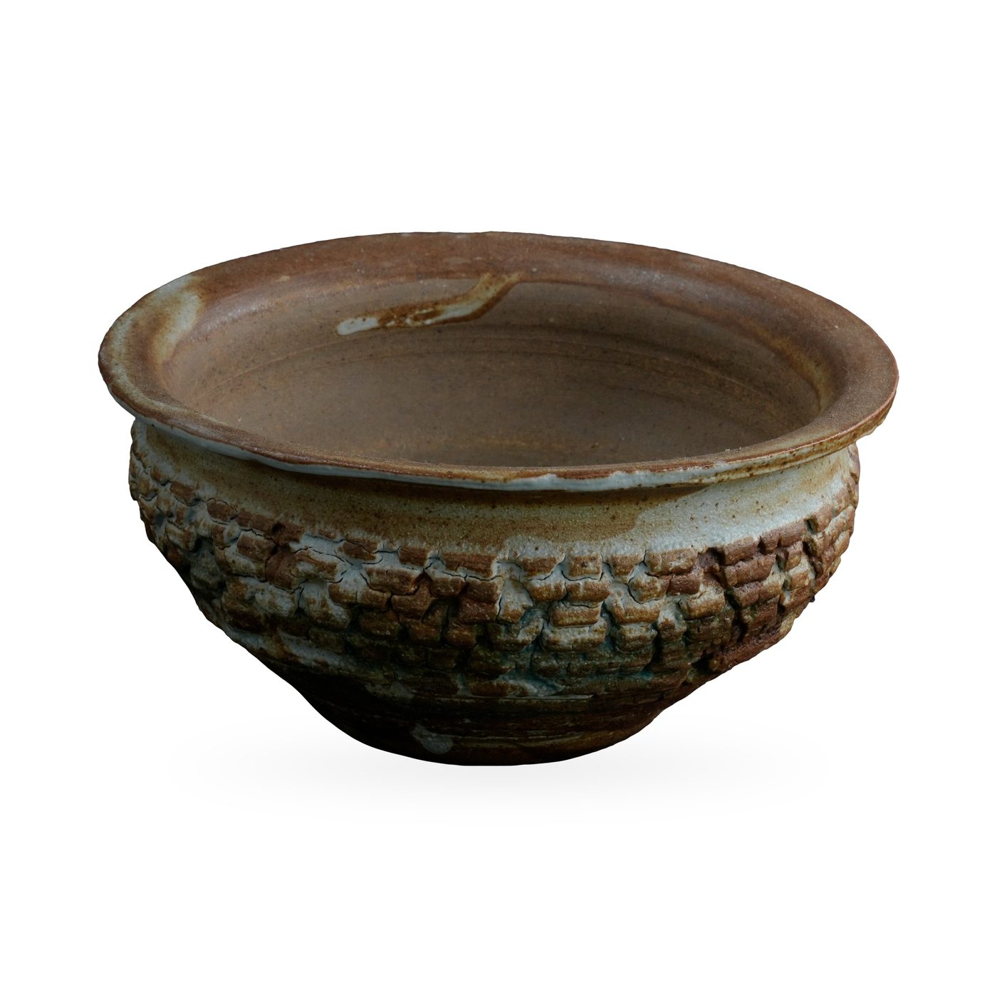 Wide rustic bowl pot with brick-like relief band and mottled rust-brown and grey glaze – view 2