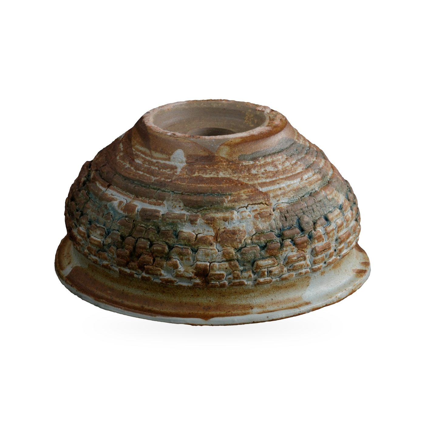 Wide rustic bowl pot with brick-like relief band and mottled rust-brown and grey glaze – view 3
