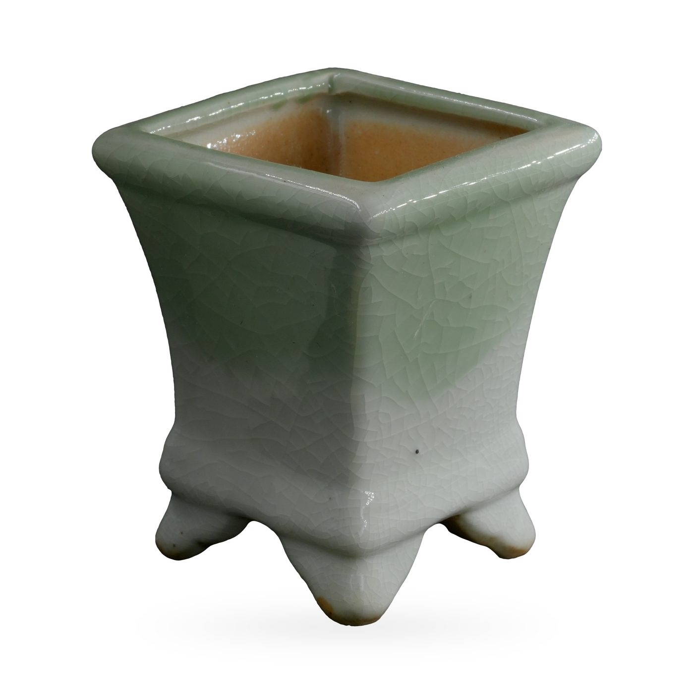 Square footed pot in celadon green crackle glaze fading to white near the base – view 2
