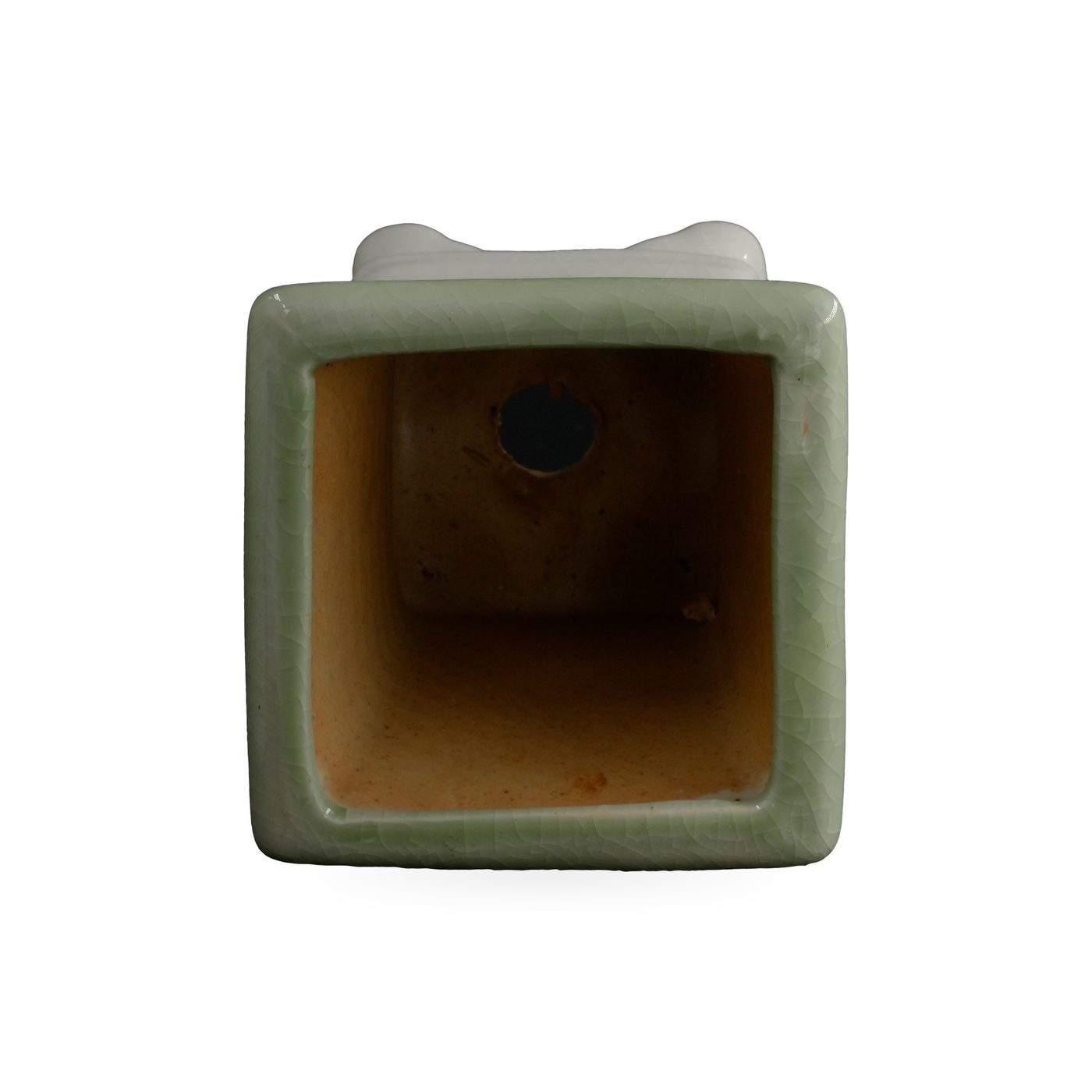 Square footed pot in celadon green crackle glaze fading to white near the base – view 3