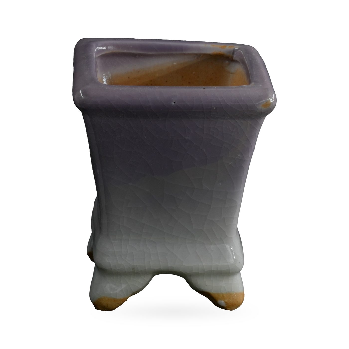 Square footed pot in lavender crackle glaze fading to white near the base