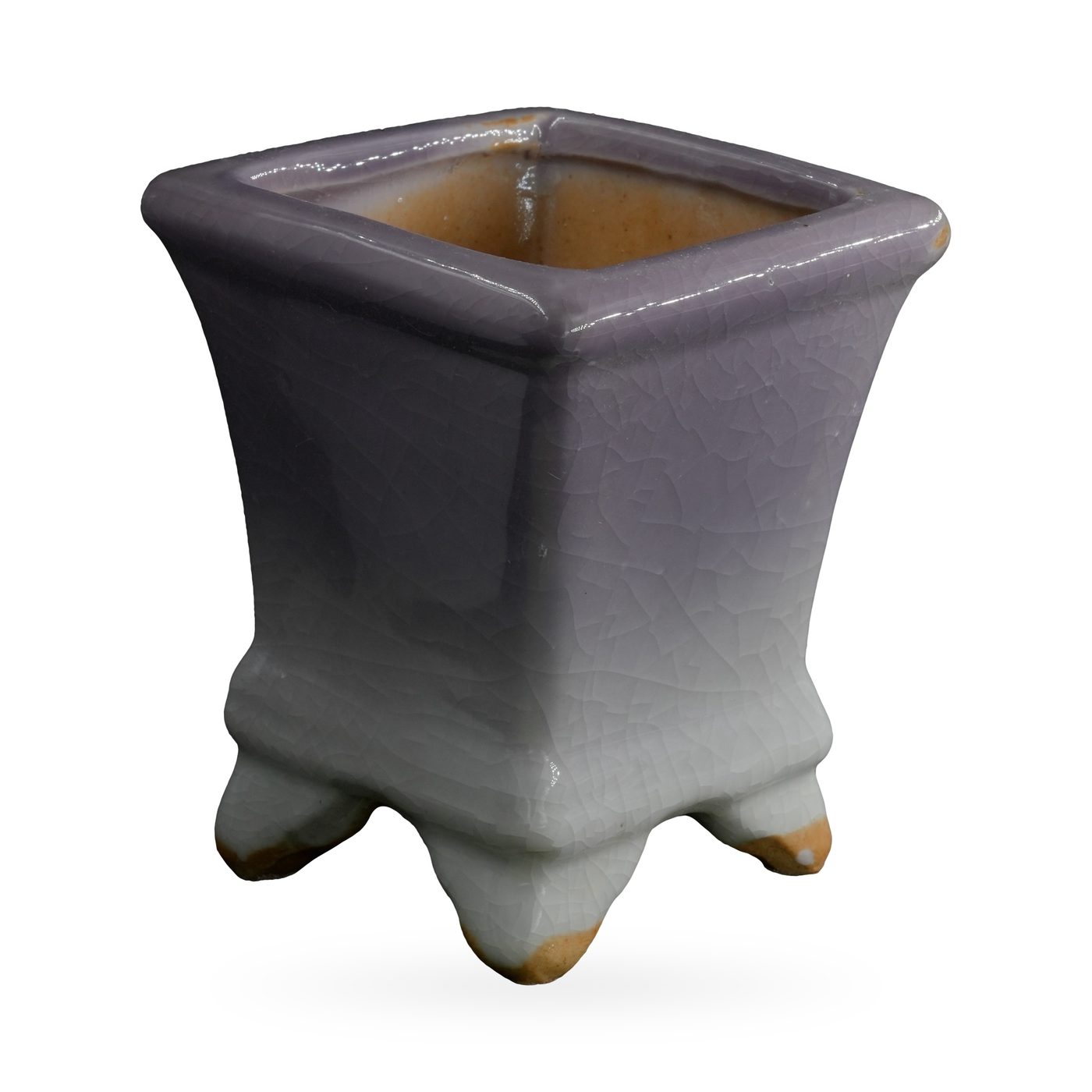 Square footed pot in lavender crackle glaze fading to white near the base – view 2