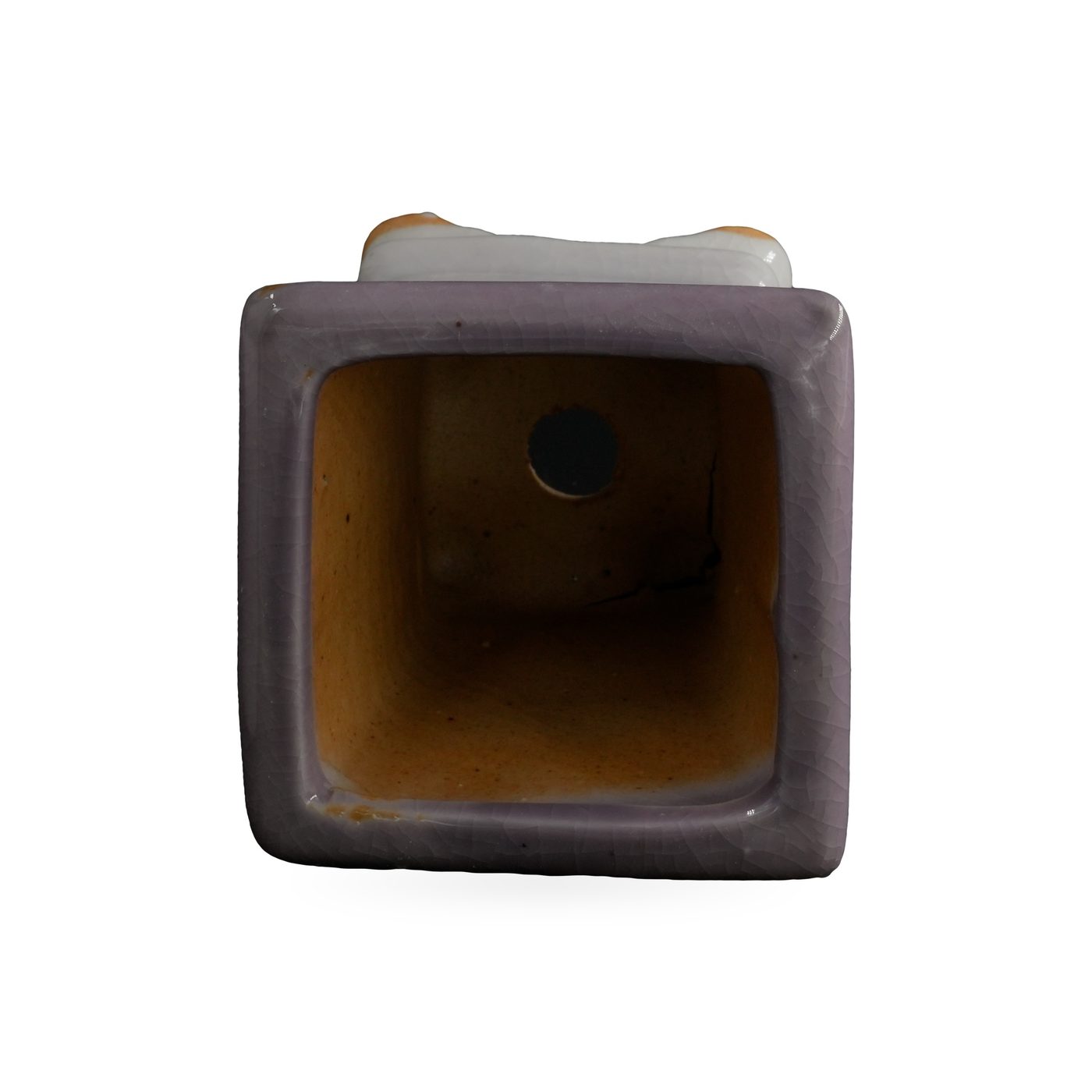 Square footed pot in lavender crackle glaze fading to white near the base – view 3