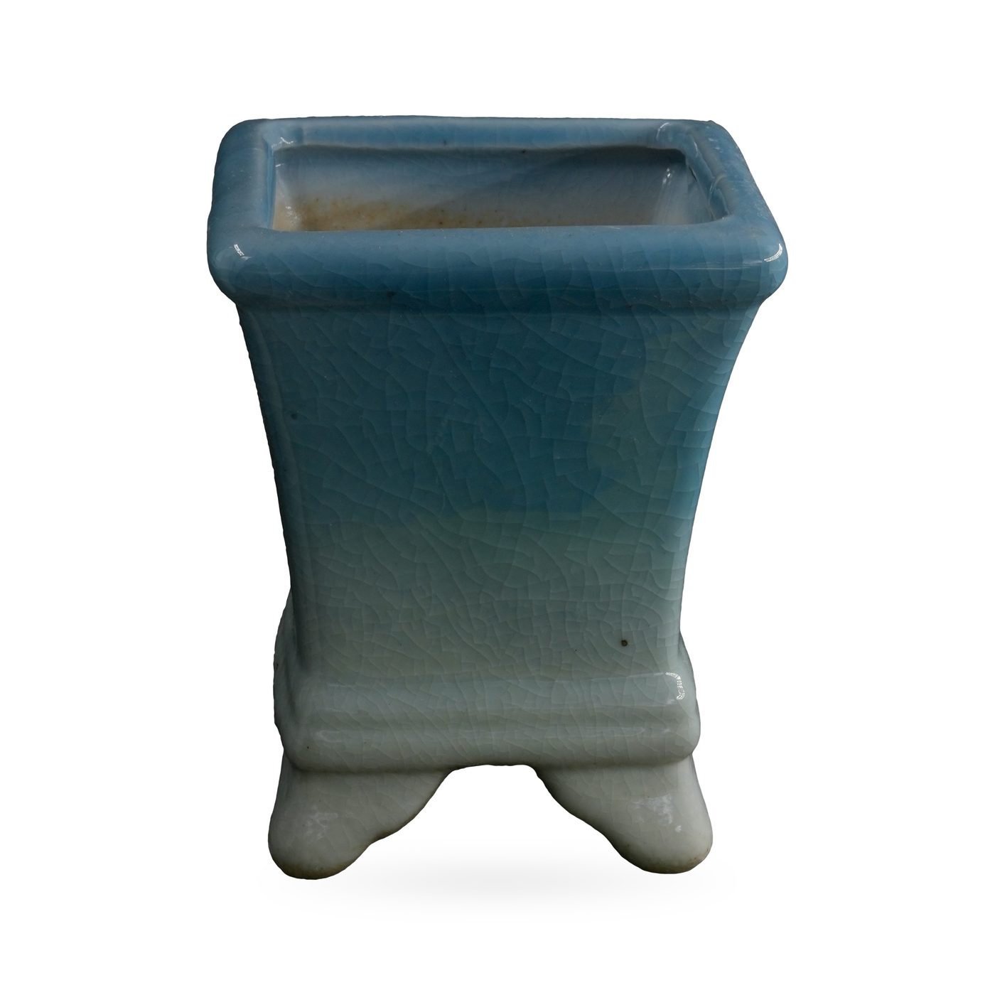 Sky blue crackle glaze square ceramic pot fading to pale celadon, on small scroll feet