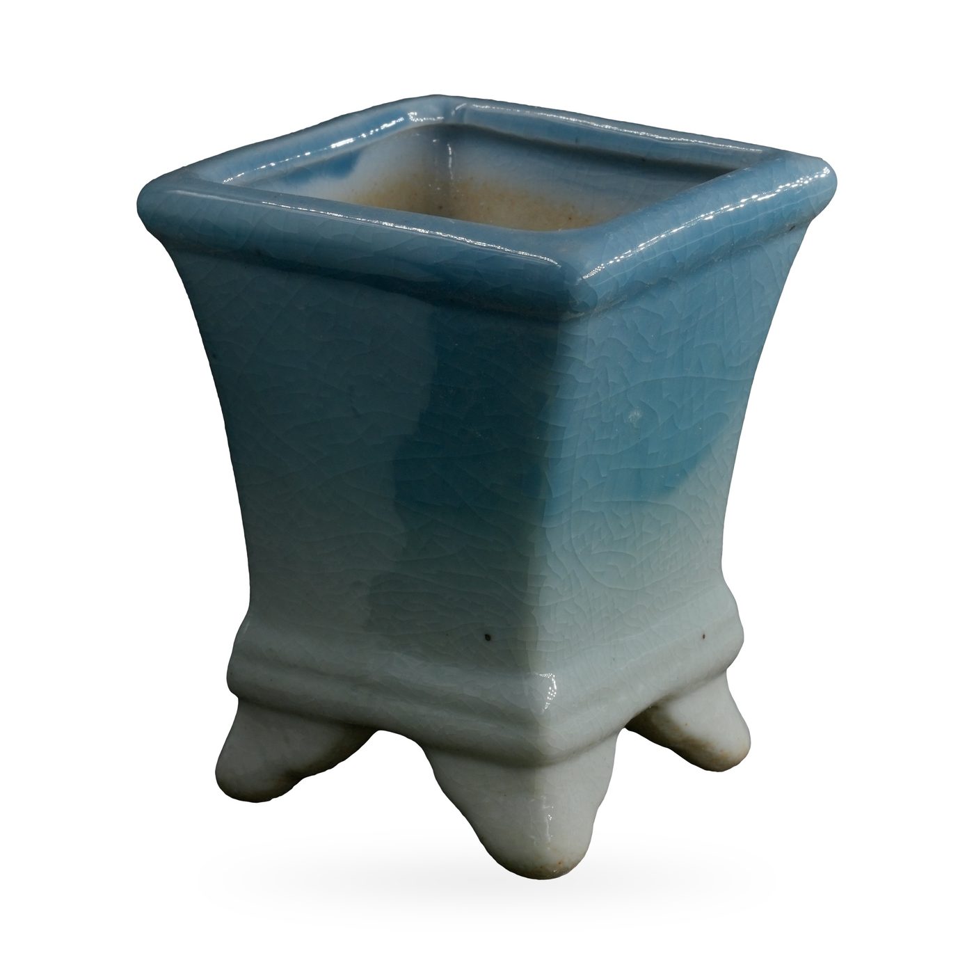 Sky blue crackle glaze square ceramic pot fading to pale celadon, on small scroll feet – view 2