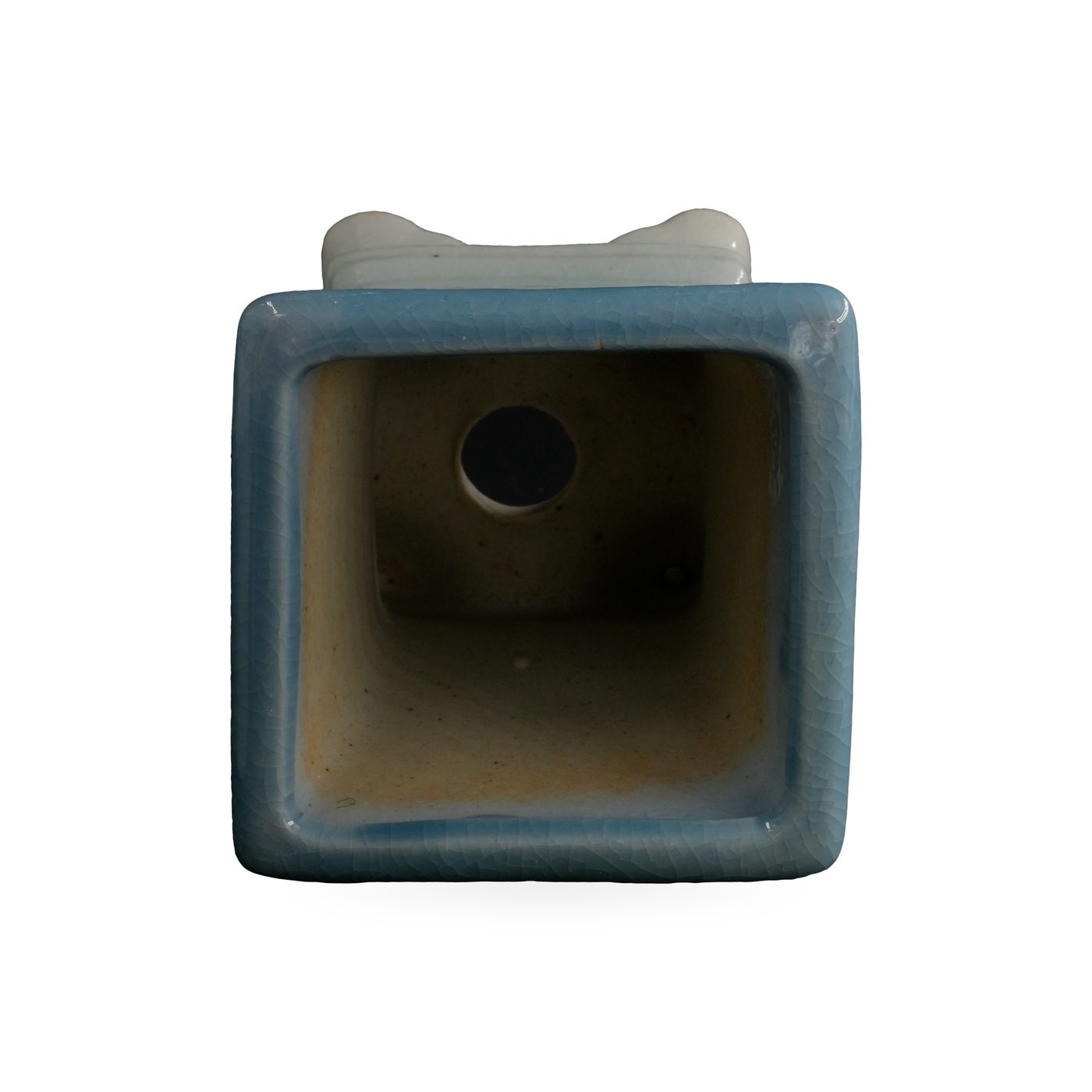 Sky blue crackle glaze square ceramic pot fading to pale celadon, on small scroll feet – view 3