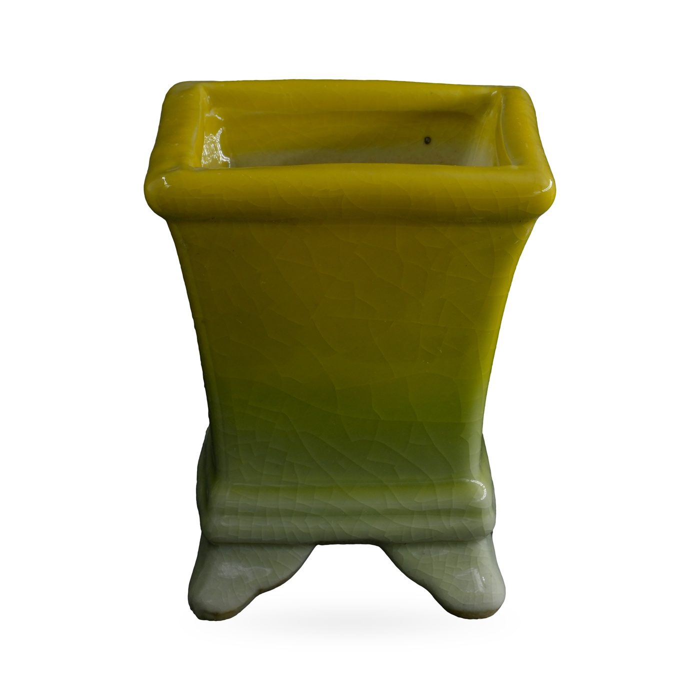 Bright yellow crackle glaze square ceramic pot fading to celadon green, on small scroll feet
