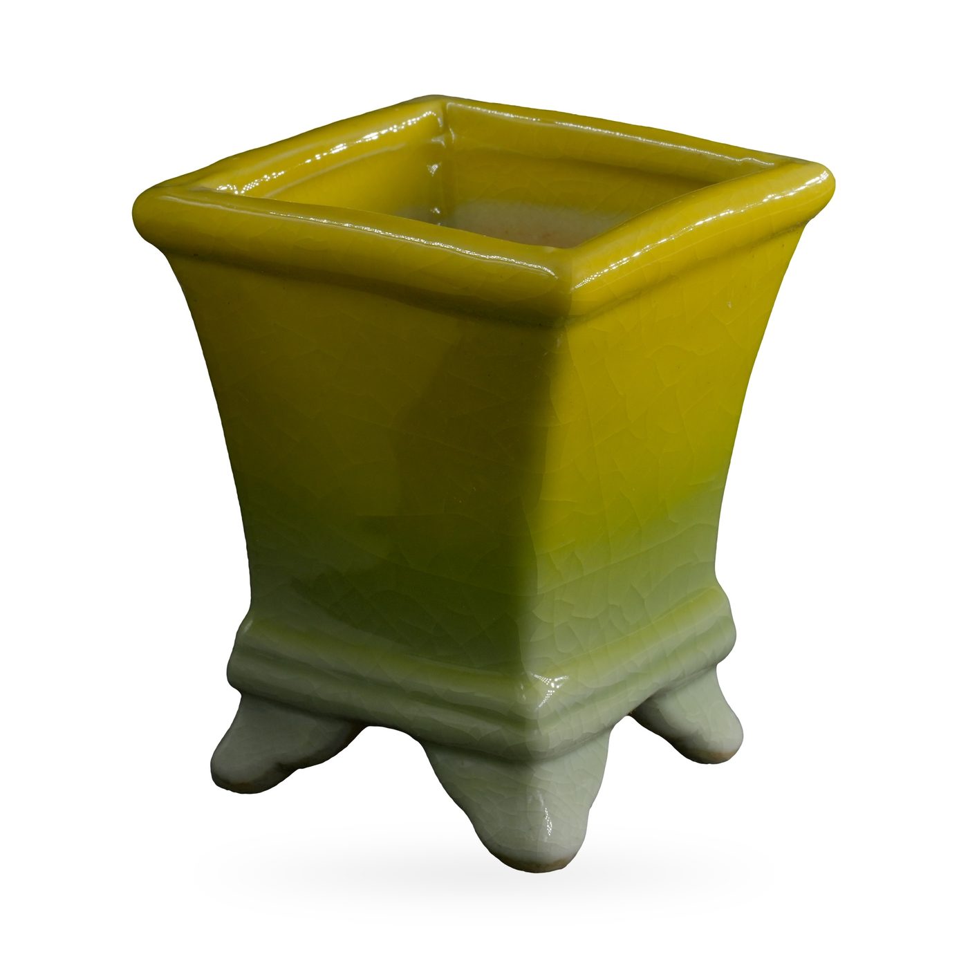Bright yellow crackle glaze square ceramic pot fading to celadon green, on small scroll feet – view 2