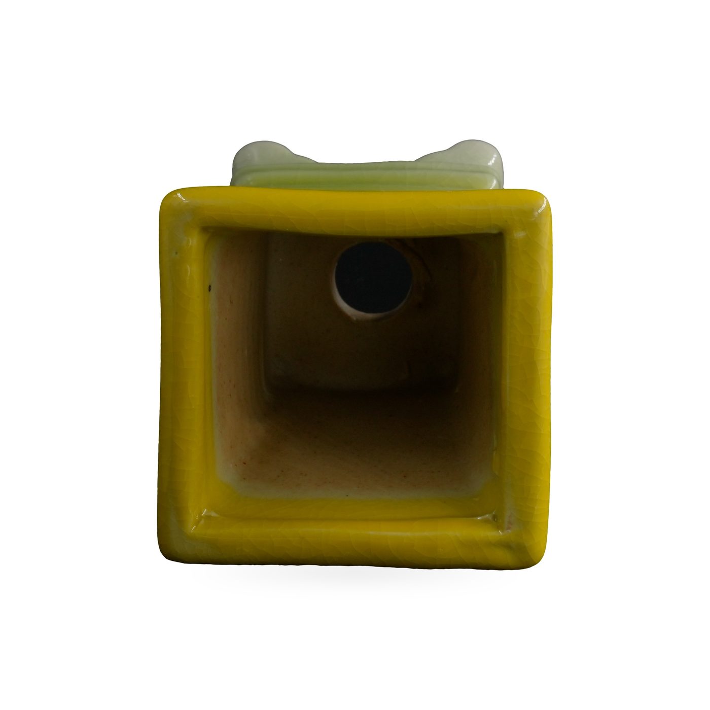 Bright yellow crackle glaze square ceramic pot fading to celadon green, on small scroll feet – view 3