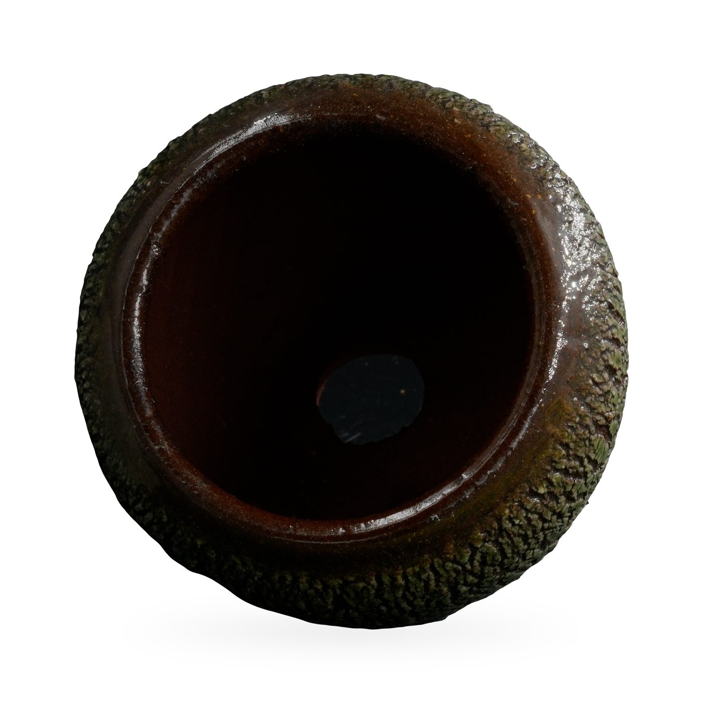Round pot with a bark-like moss green crackle texture over dark brown, on short terracotta-toned feet – view 3
