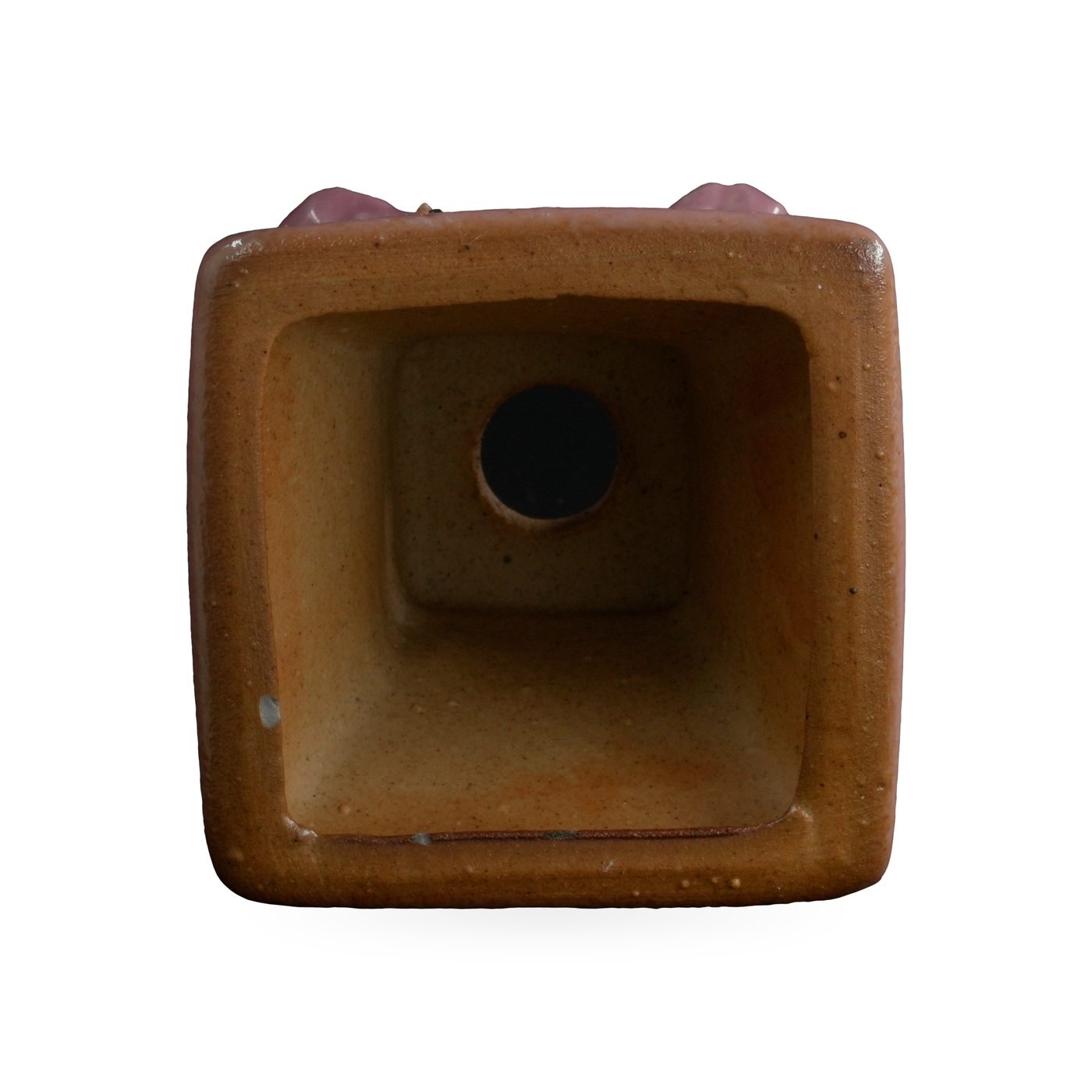 Small dusty pink square glazed pot with a tan rim, standing on cloud-shaped feet – view 3
