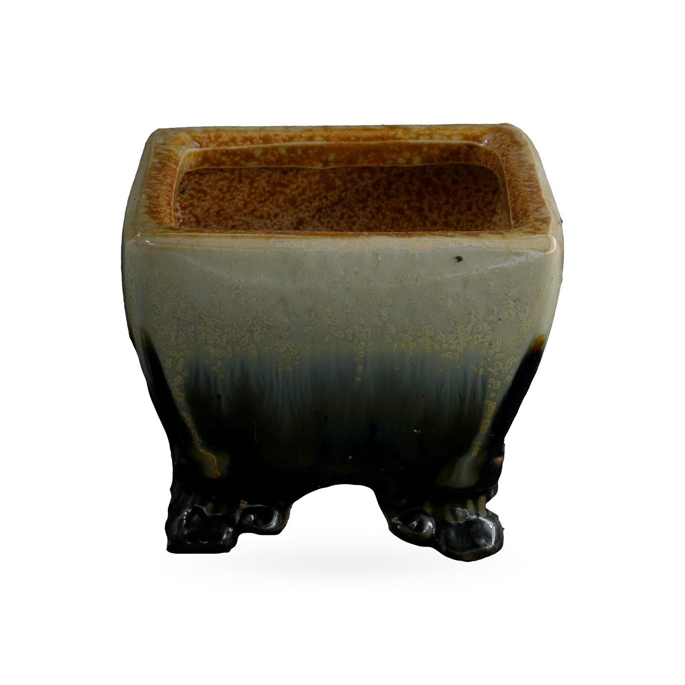 Square pot in cream glaze with black and deep blue drips running down to small black feet