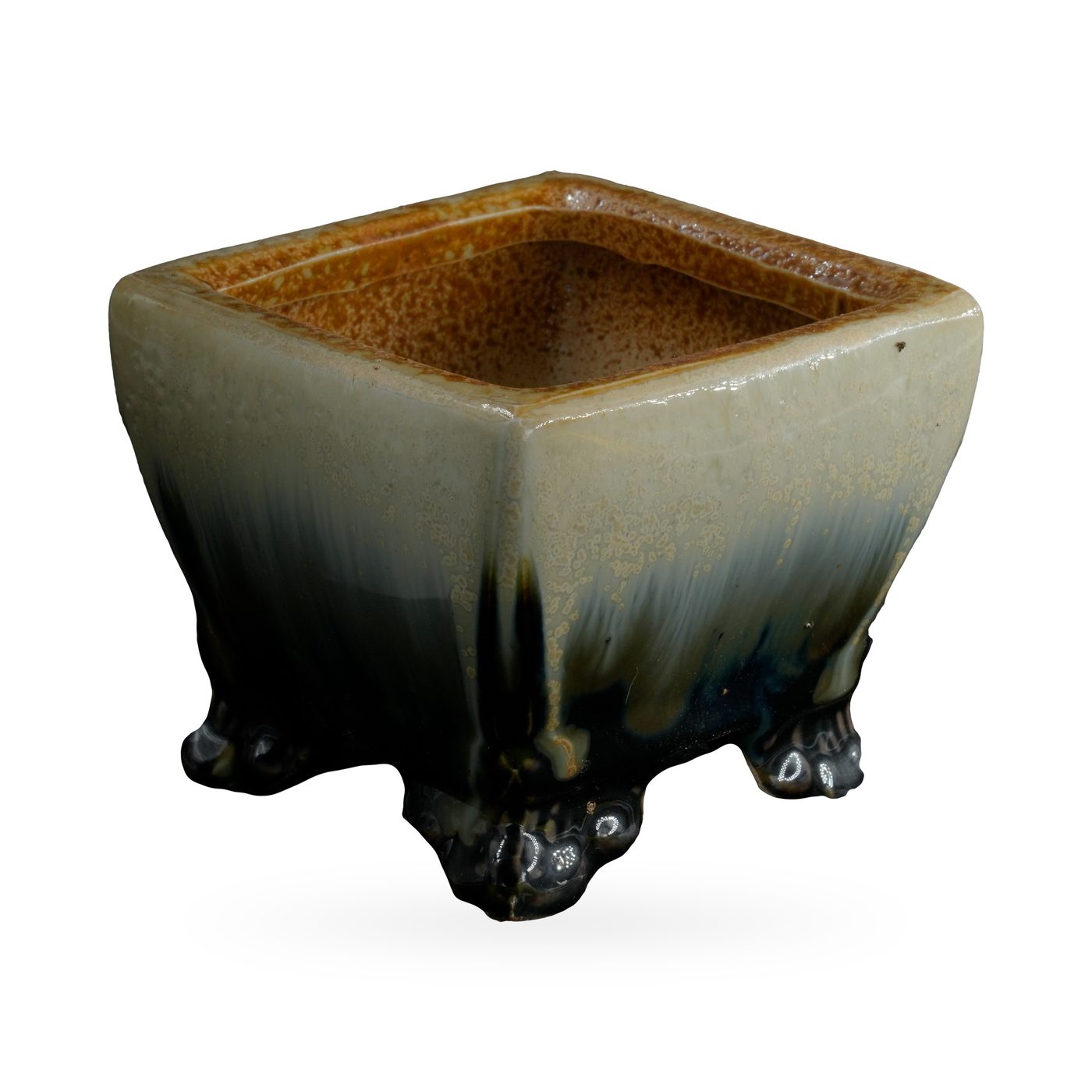 Square pot in cream glaze with black and deep blue drips running down to small black feet – view 2