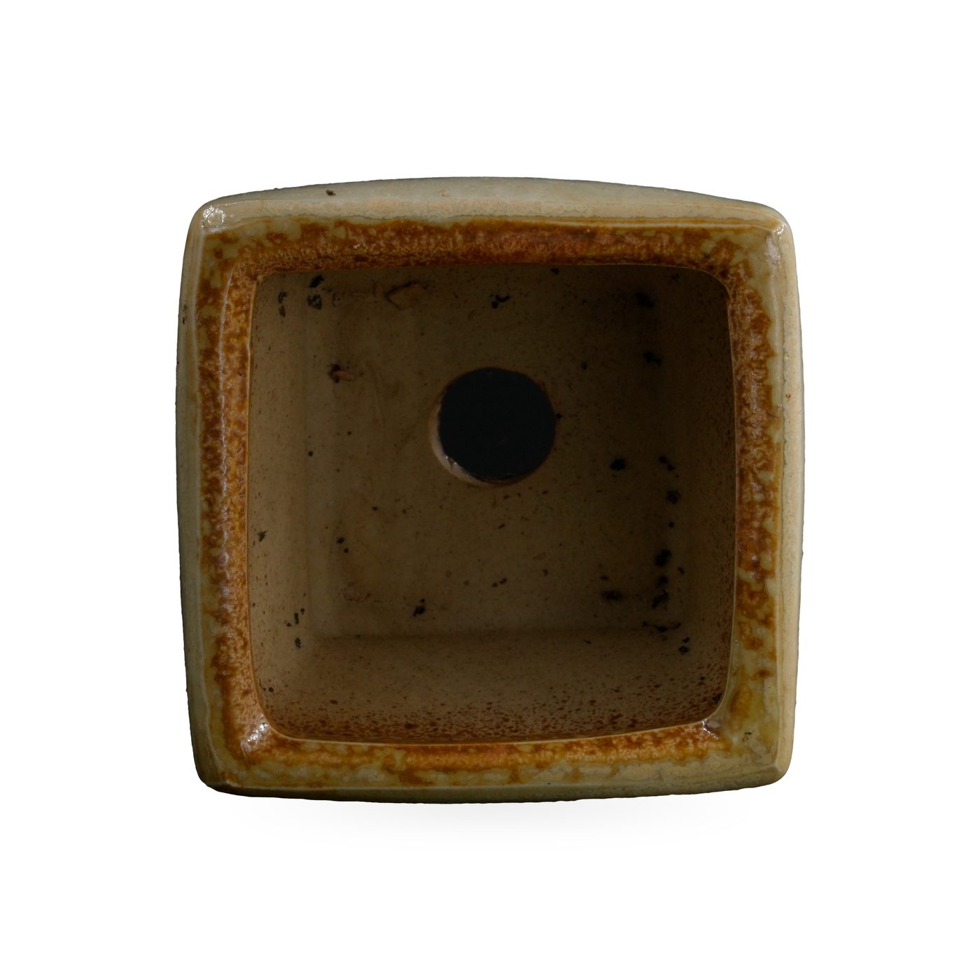 Square pot in cream glaze with black and deep blue drips running down to small black feet – view 3