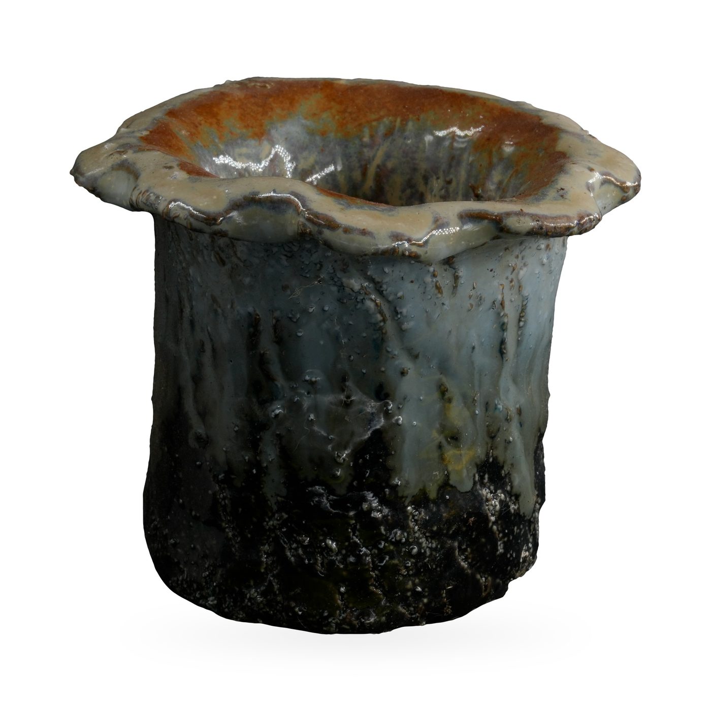 Ruffled-rim succulent pot with cream and blue-grey drip glaze over a textured near-black base – view 2