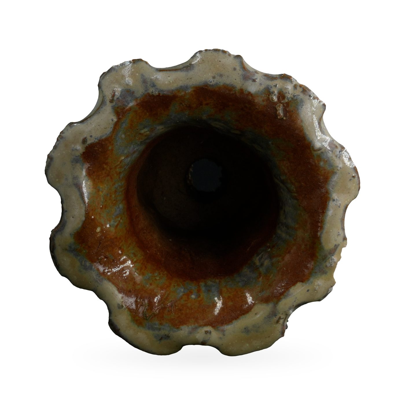 Ruffled-rim succulent pot with cream and blue-grey drip glaze over a textured near-black base – view 3