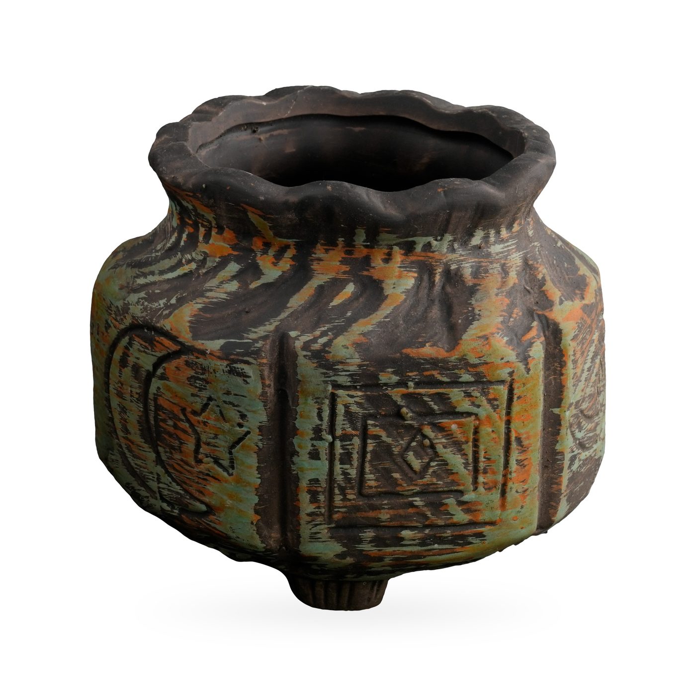 Rustic black and sage green pot with carved crescent moon, star and eye motifs and a wavy rim – view 2