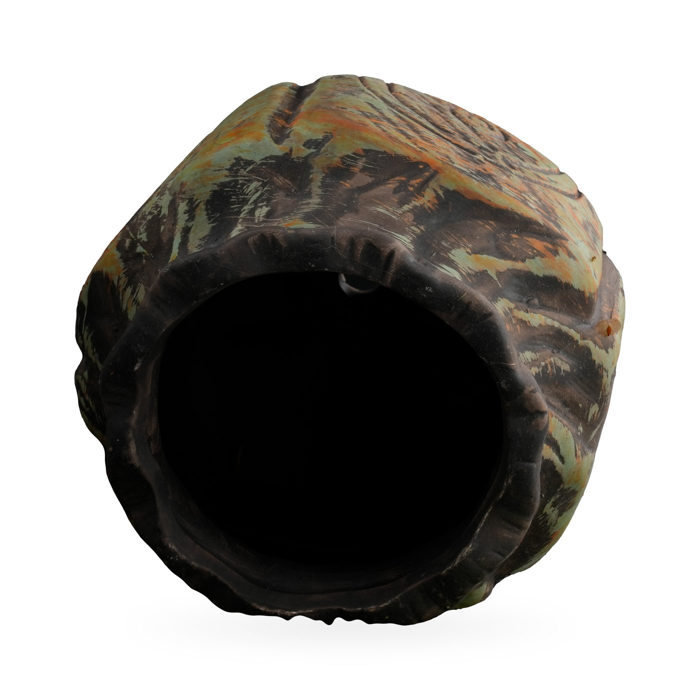 Rustic black and sage green pot with carved crescent moon, star and eye motifs and a wavy rim – view 3
