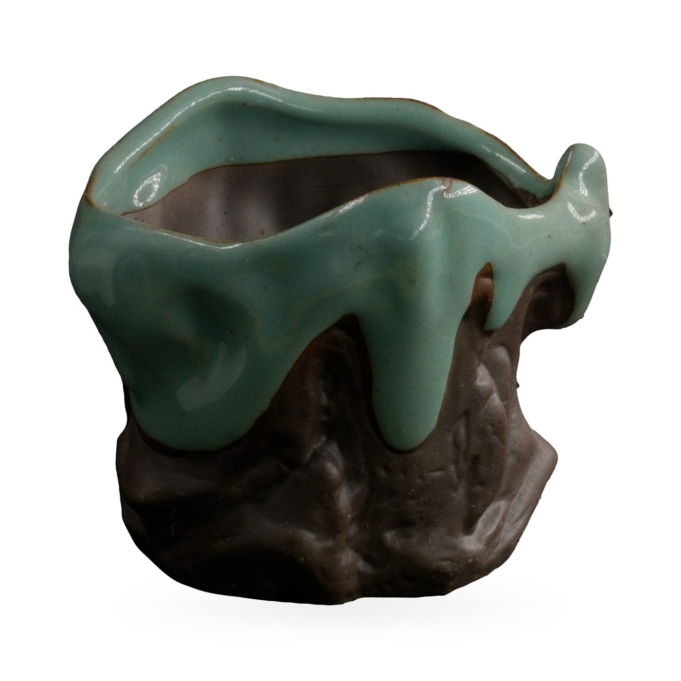 Freeform succulent pot with glossy jade-green drip glaze over a dark brown rock-textured body – view 2