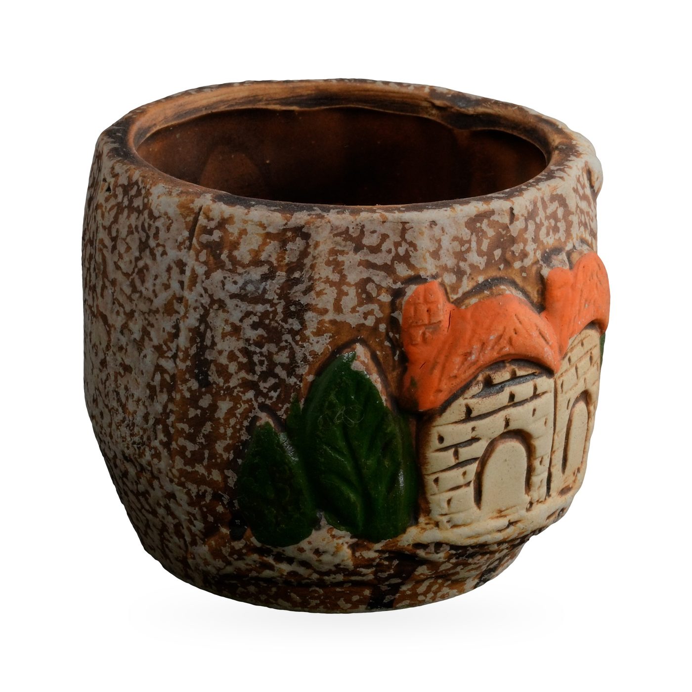 Round speckled brown succulent pot with raised cream cottages, orange roofs and green shrubs – view 2