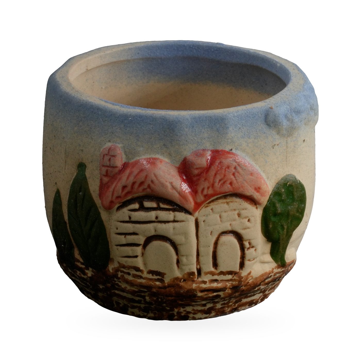 Cream succulent pot with blue rim and raised cottage scene of pink-roofed houses and green trees