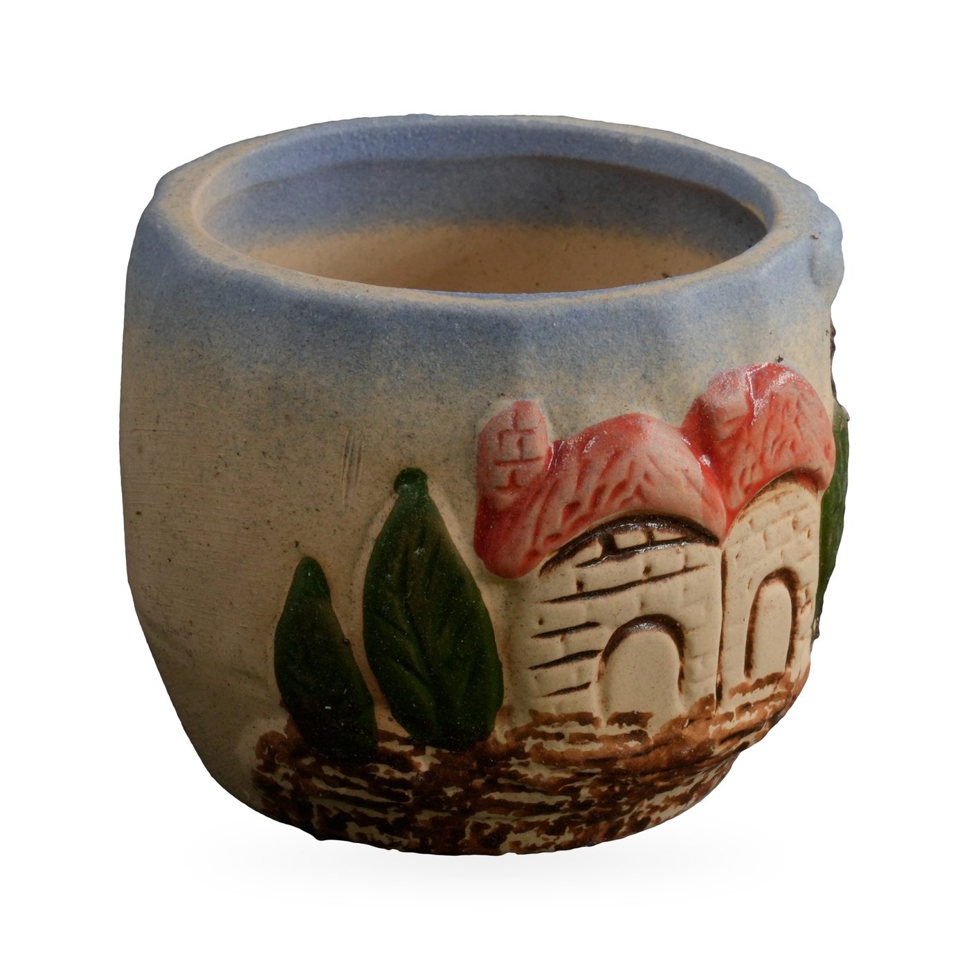 Cream succulent pot with blue rim and raised cottage scene of pink-roofed houses and green trees – view 2