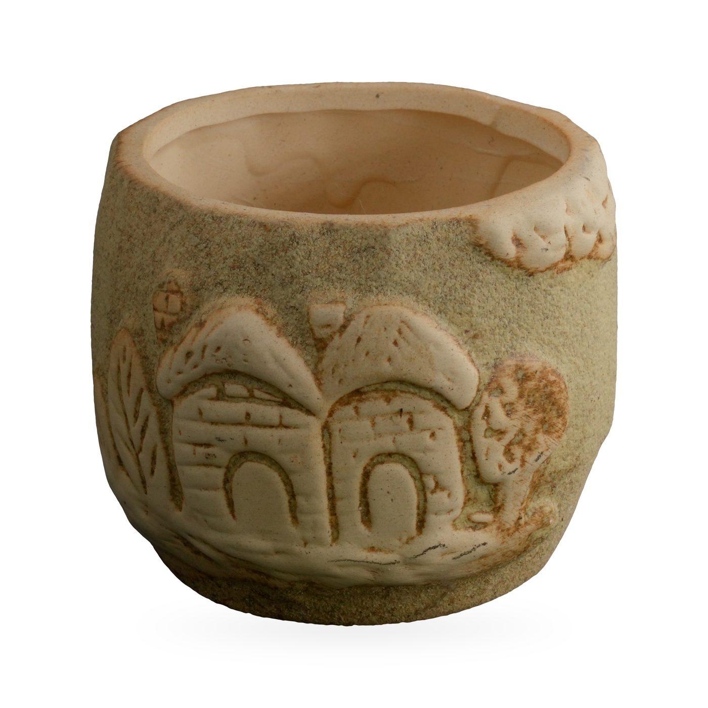 Sage and sandy-beige sand-textured succulent pot with raised cottage and tree relief