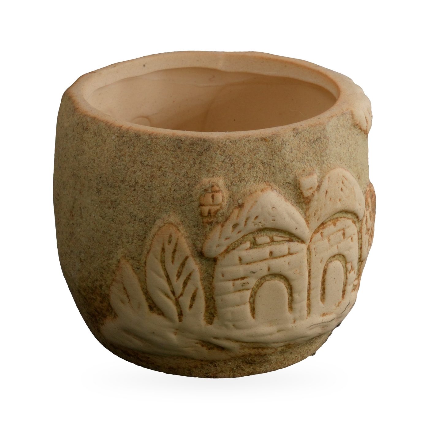 Sage and sandy-beige sand-textured succulent pot with raised cottage and tree relief – view 2