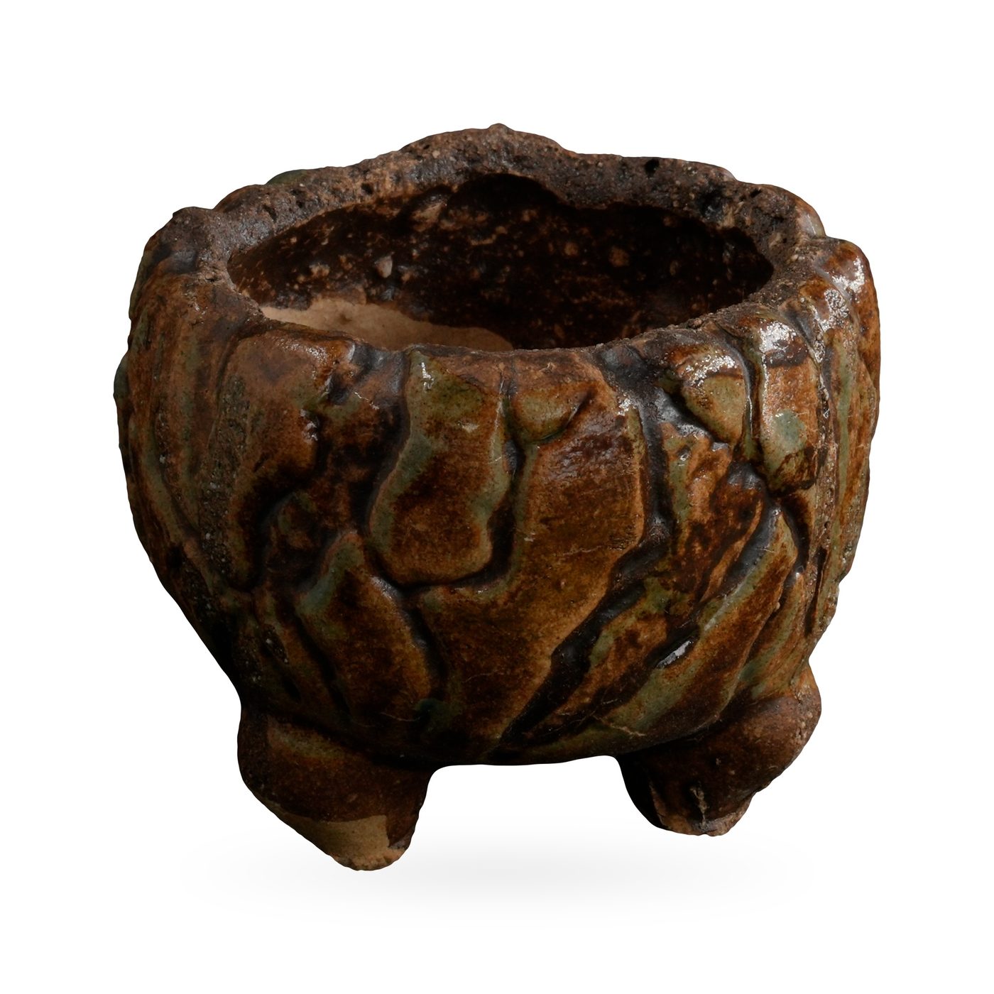 Footed pot with bark-like texture in glossy dark brown and amber glaze and a rough rim