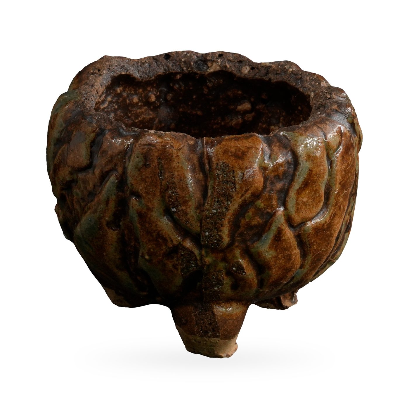Footed pot with bark-like texture in glossy dark brown and amber glaze and a rough rim – view 2