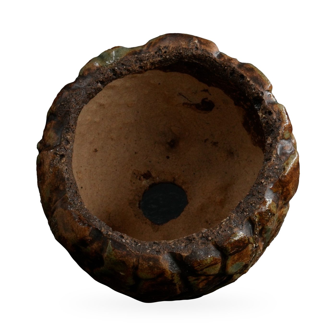 Footed pot with bark-like texture in glossy dark brown and amber glaze and a rough rim – view 3