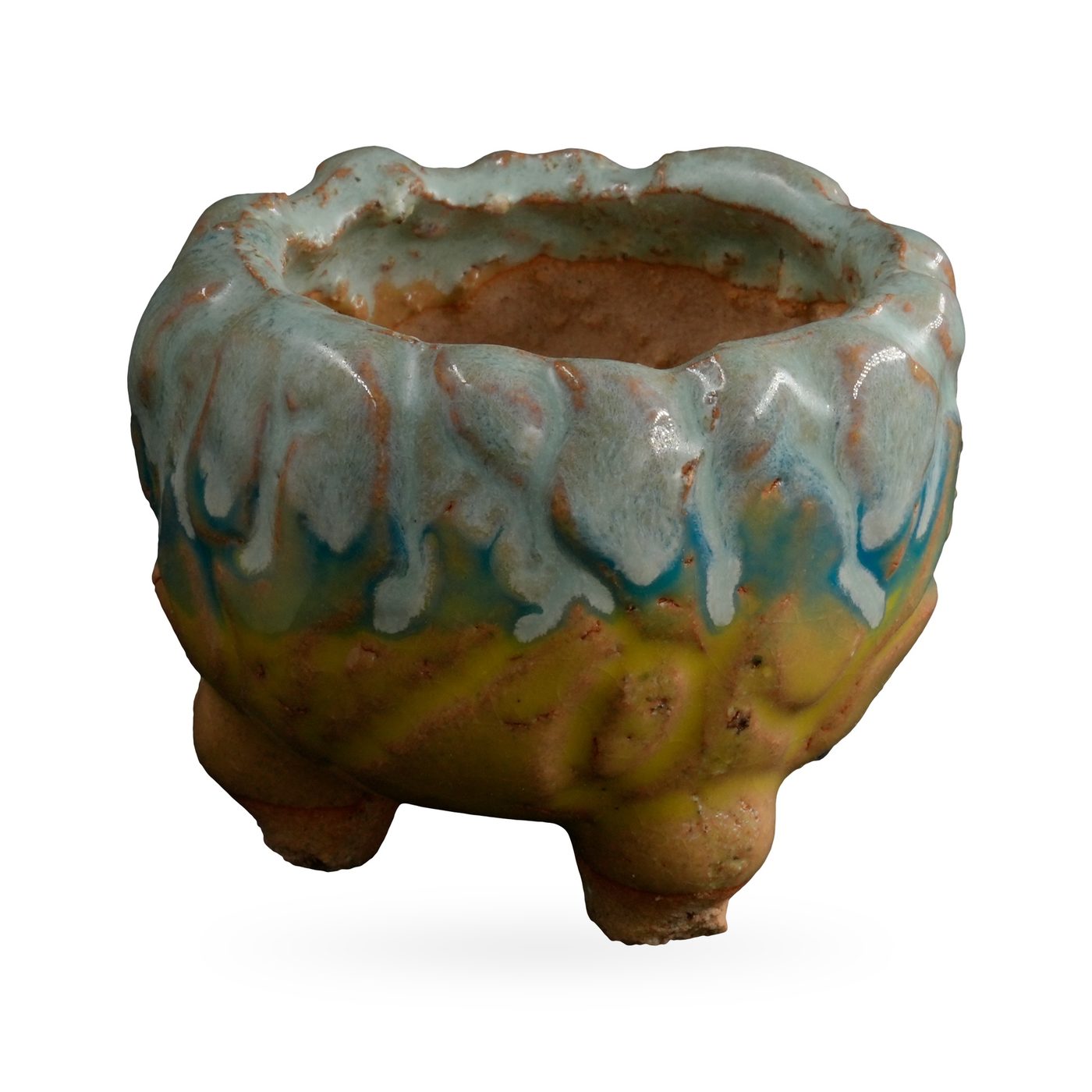 Footed textured pot with pale duck-egg blue drip glaze over ochre-yellow and teal bands – view 2