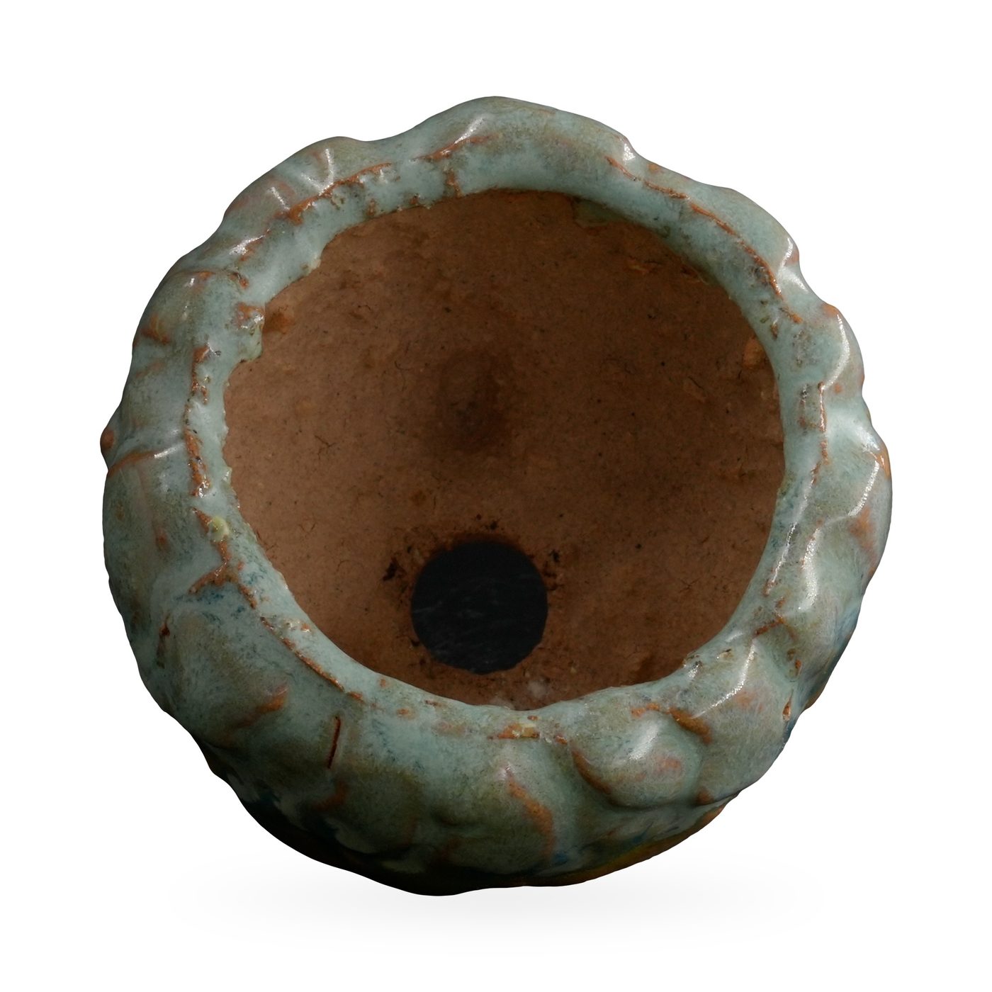 Footed textured pot with pale duck-egg blue drip glaze over ochre-yellow and teal bands – view 3