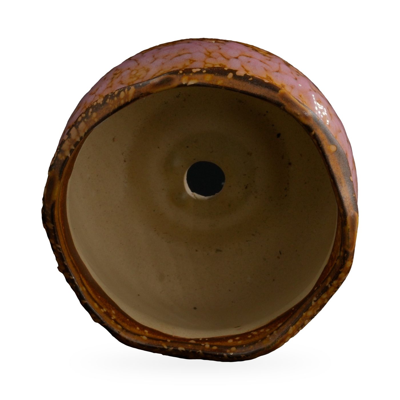 Low wavy-rim pot with glossy pink speckles over amber and brown glaze – view 3