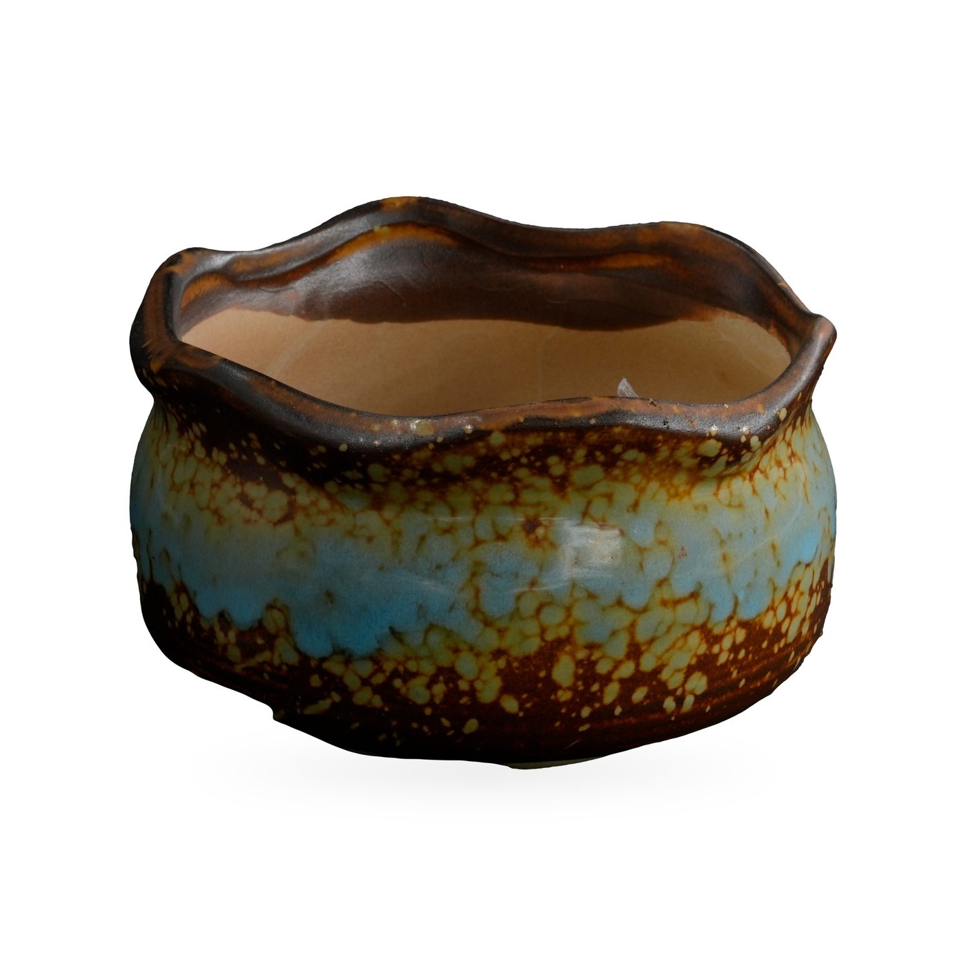 Low wavy-rim pot with a glossy sky-blue band over brown and ochre-yellow speckled glaze