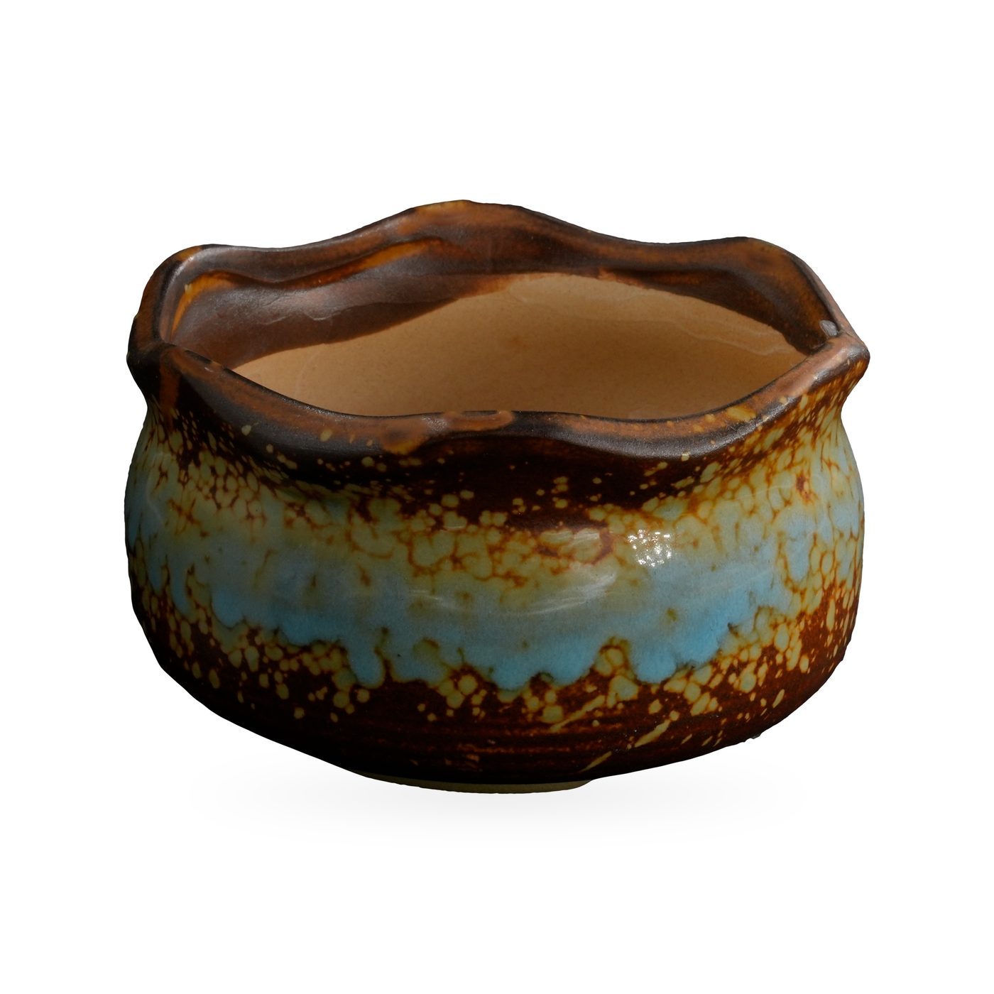 Low wavy-rim pot with a glossy sky-blue band over brown and ochre-yellow speckled glaze – view 2